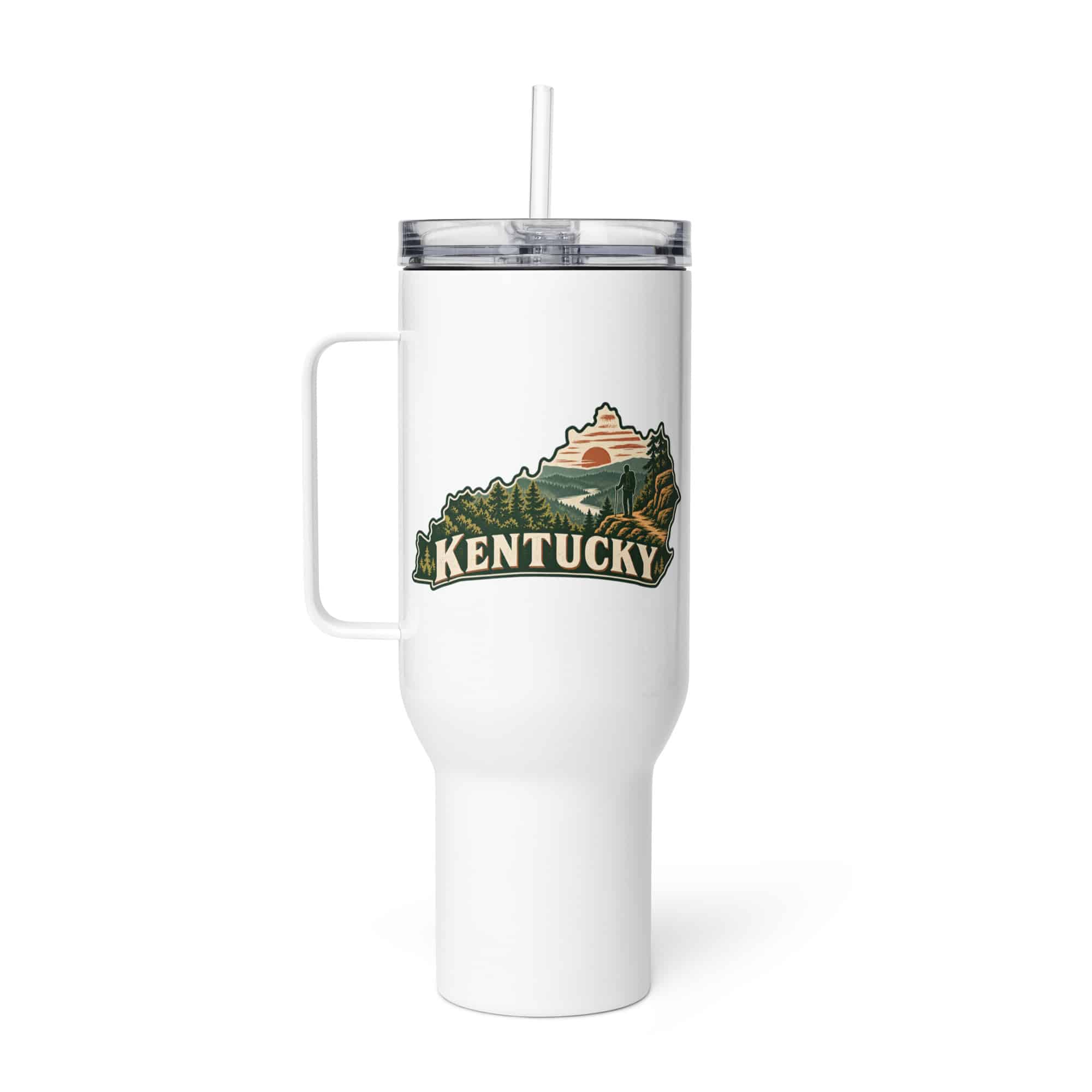 Kentucky Travel Mug: Forest trail and hiking silhouette, Vintage Kentucky Silhouette