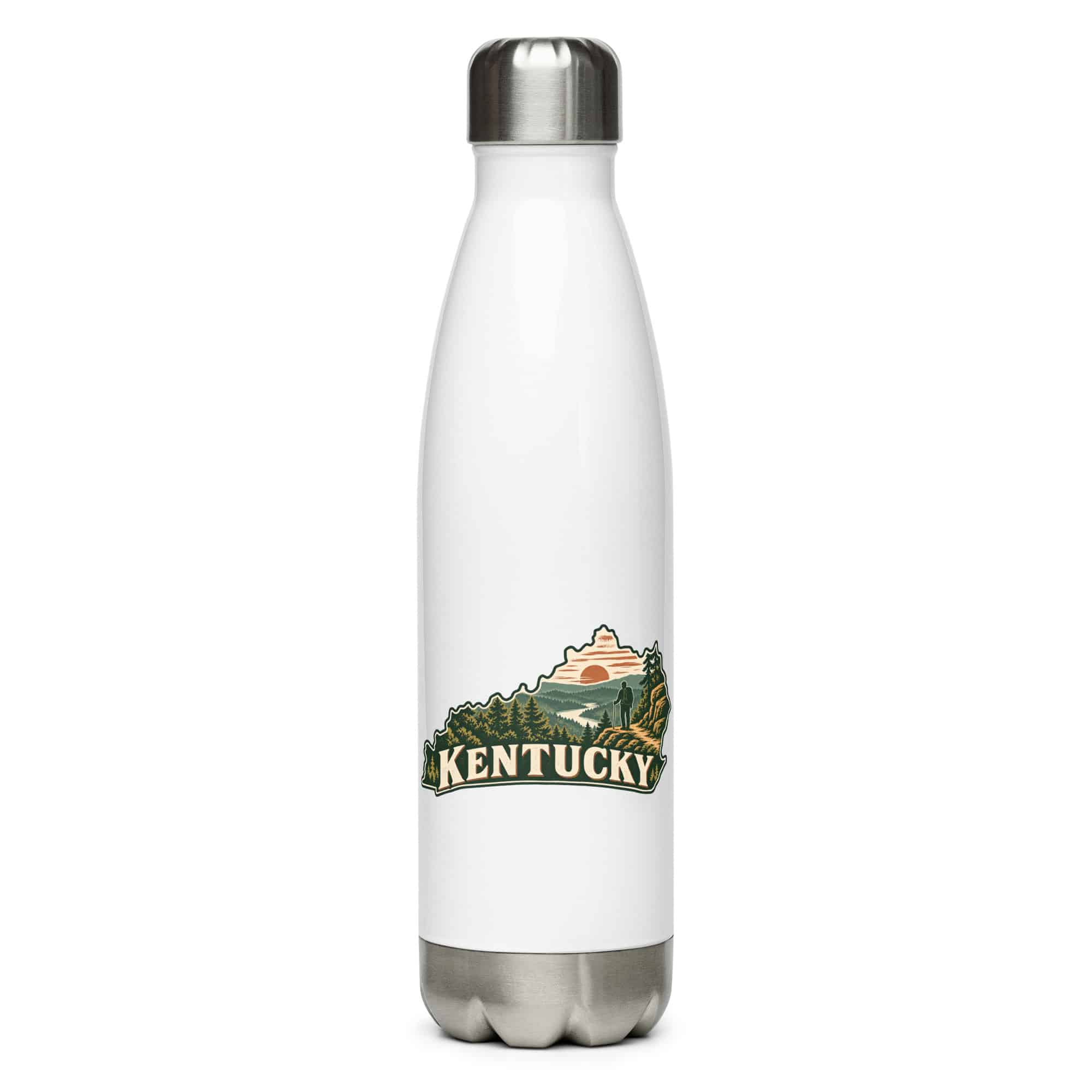 Kentucky Stainless Steel Water Bottle: Forest trail and hiking silhouette, Vintage Kentucky Silhouette