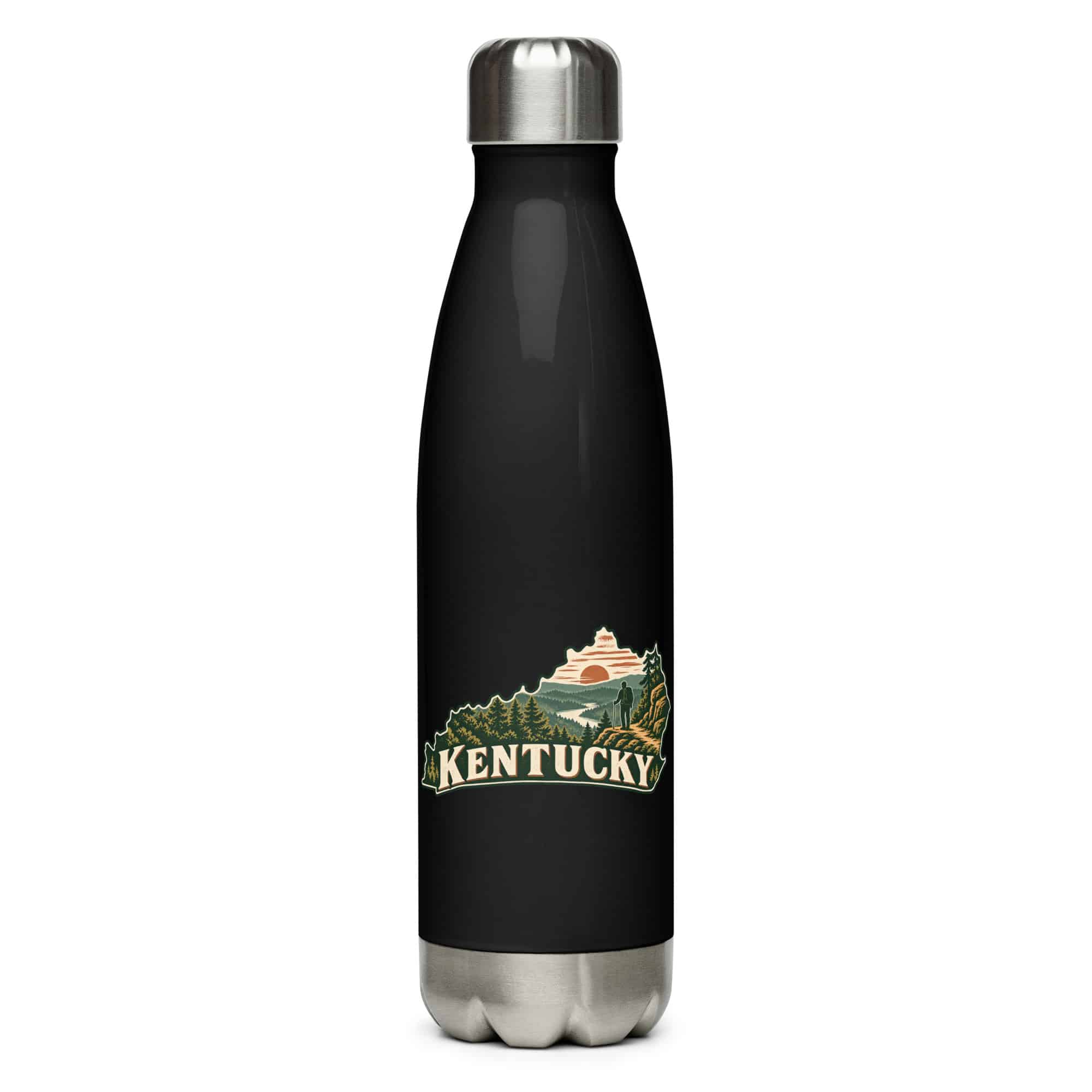 Kentucky Stainless Steel Water Bottle: Forest trail and hiking silhouette, Vintage Kentucky Silhouette