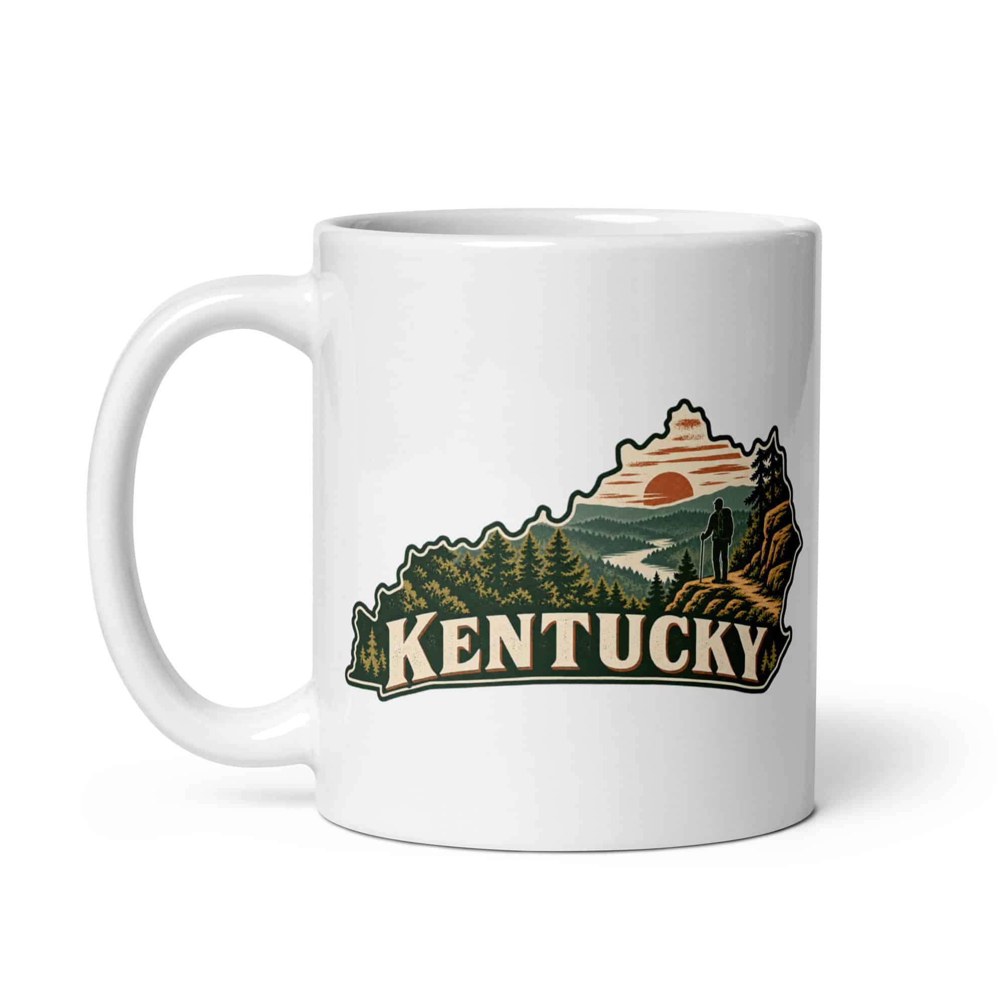 Kentucky White Ceramic Coffee Mug: Forest trail and hiking silhouette, Vintage Kentucky Silhouette