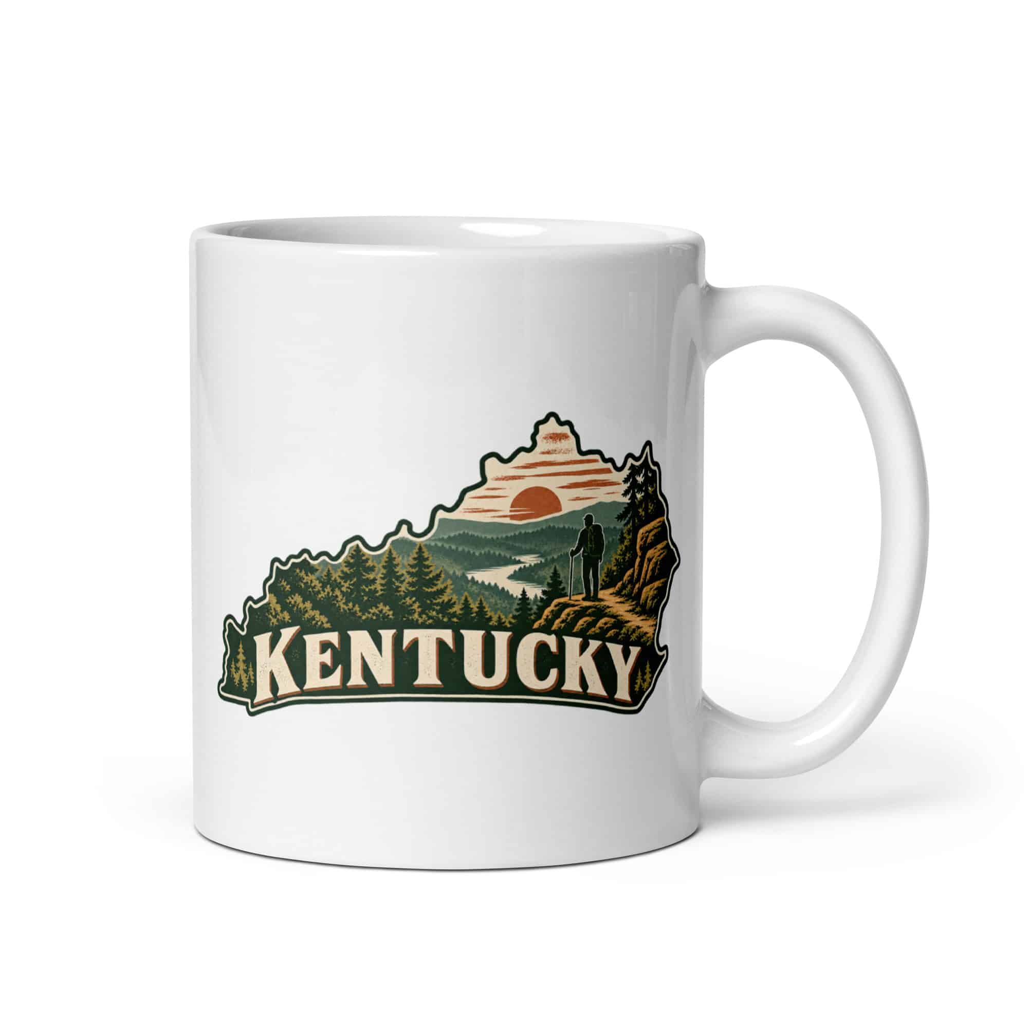 Kentucky White Ceramic Coffee Mug: Forest trail and hiking silhouette, Vintage Kentucky Silhouette