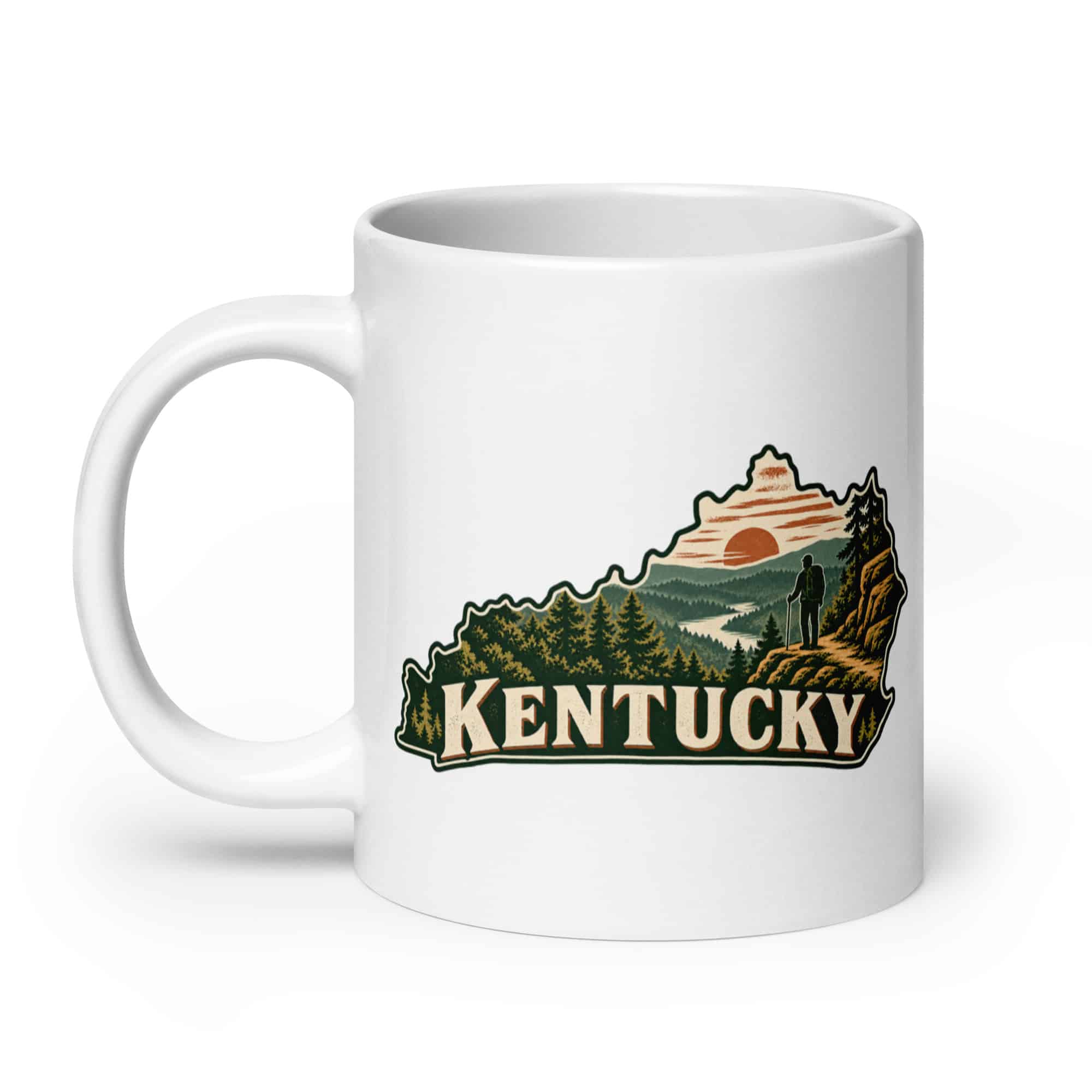 Kentucky White Ceramic Coffee Mug: Forest trail and hiking silhouette, Vintage Kentucky Silhouette