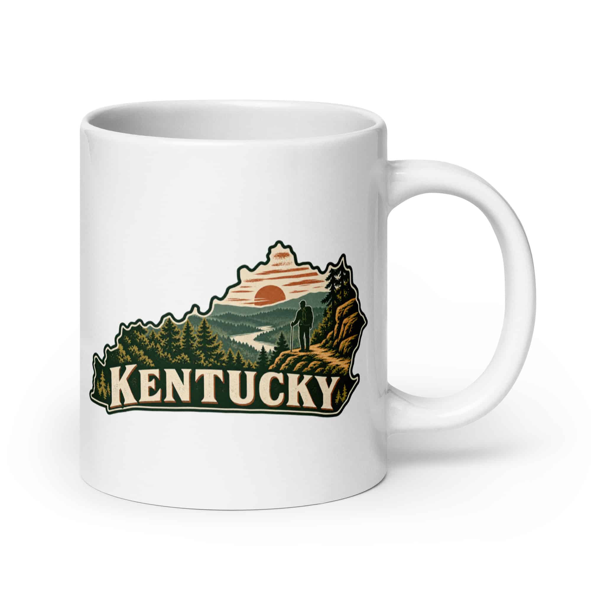 Kentucky White Ceramic Coffee Mug: Forest trail and hiking silhouette, Vintage Kentucky Silhouette