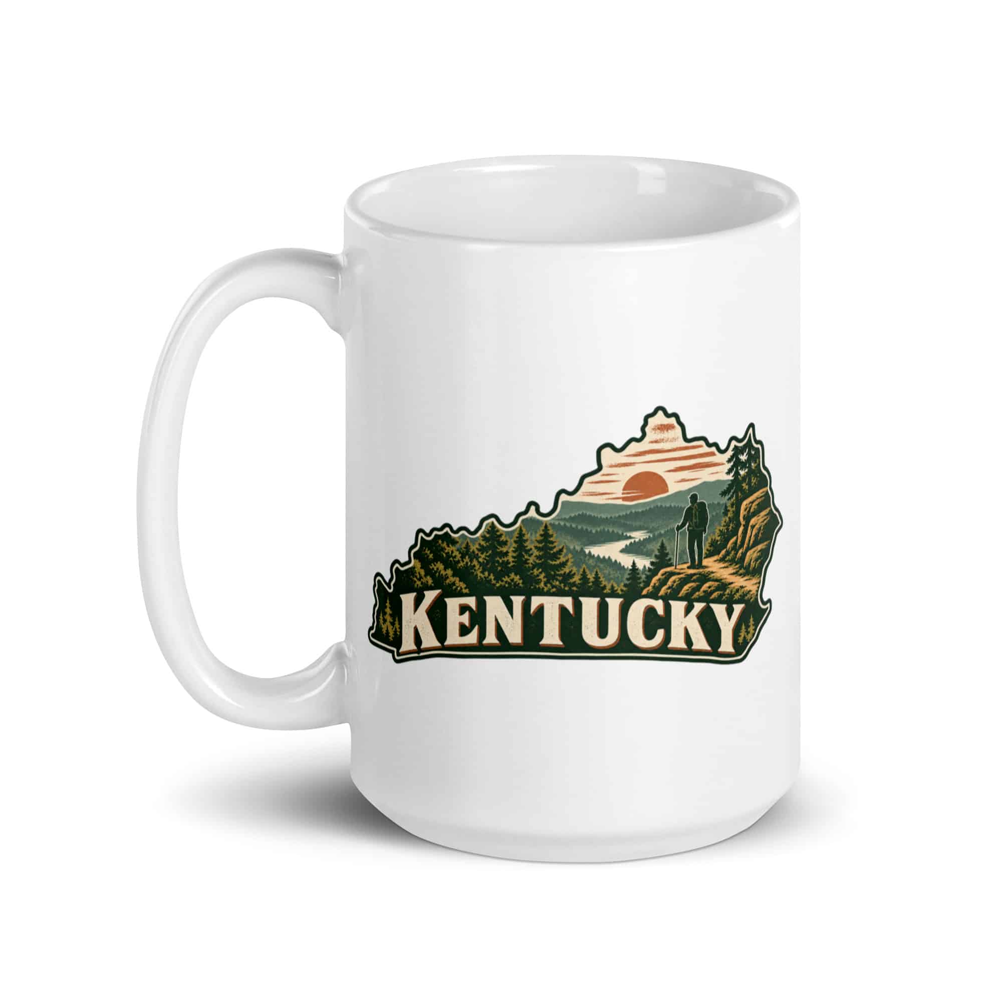 Kentucky White Ceramic Coffee Mug: Forest trail and hiking silhouette, Vintage Kentucky Silhouette