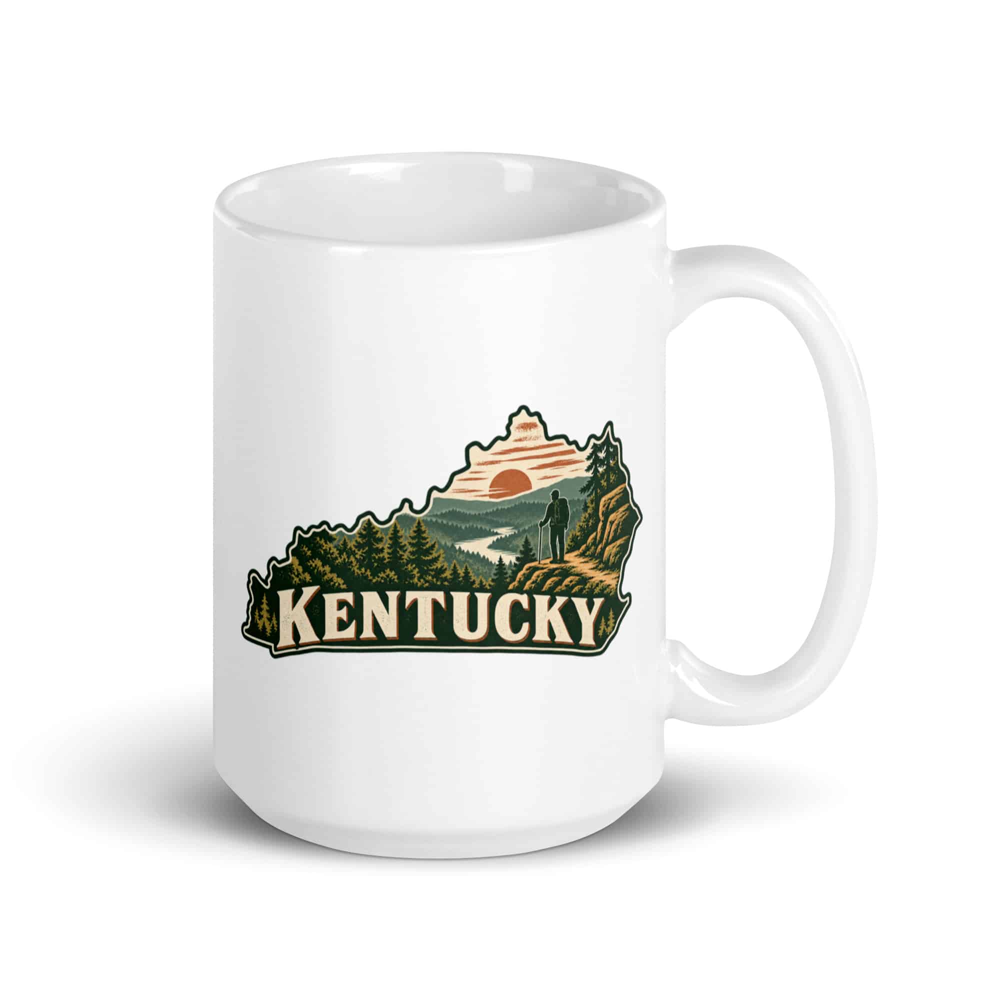 Kentucky White Ceramic Coffee Mug: Forest trail and hiking silhouette, Vintage Kentucky Silhouette