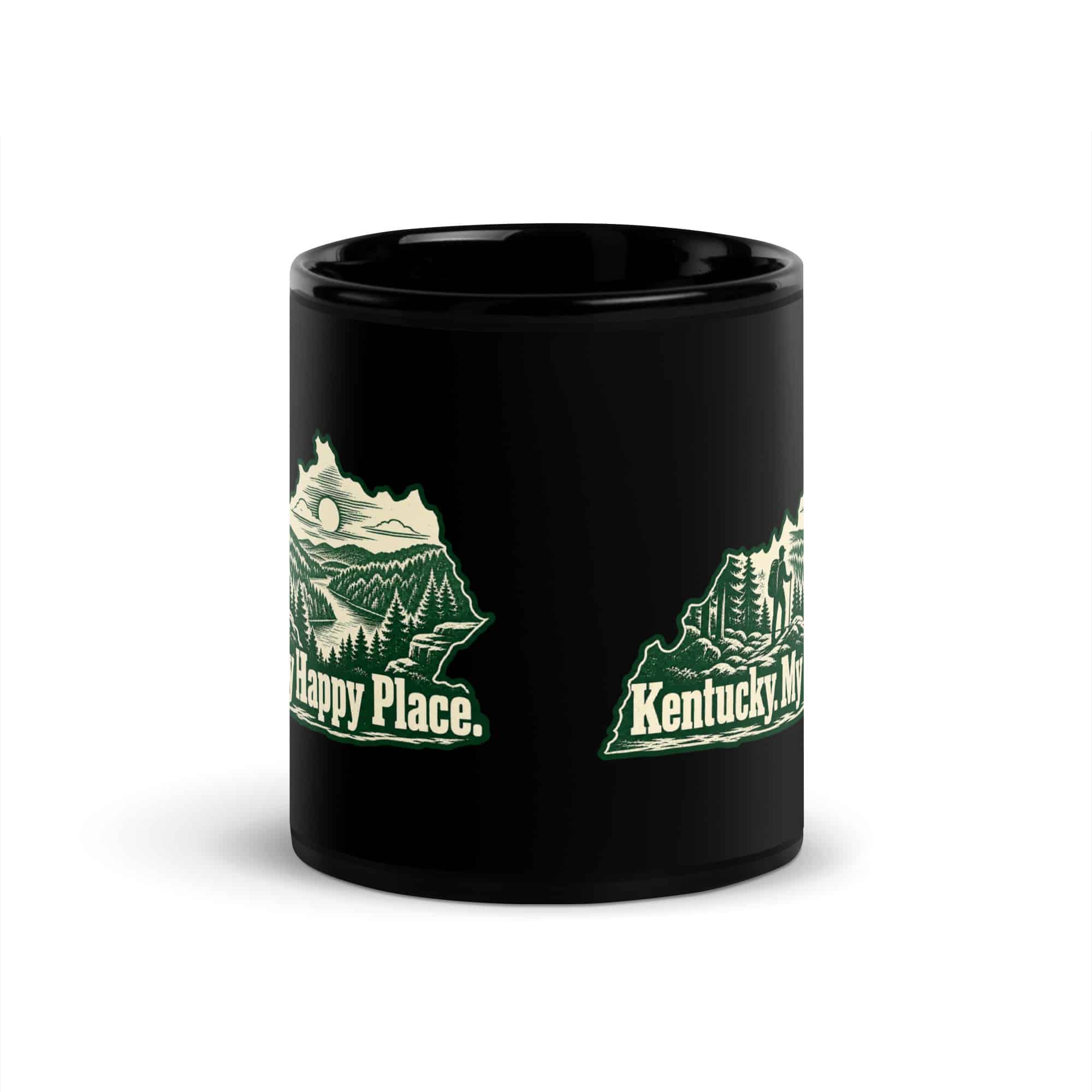 Kentucky Black Coffee Mug: Forest trail and hiking silhouette, Woodcut Kentucky Silhouette