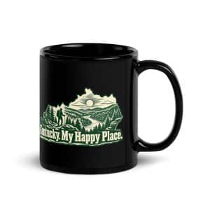 Kentucky Black Coffee Mug: Forest trail and hiking silhouette, Woodcut Kentucky Silhouette - 11 oz - Handle on Right
