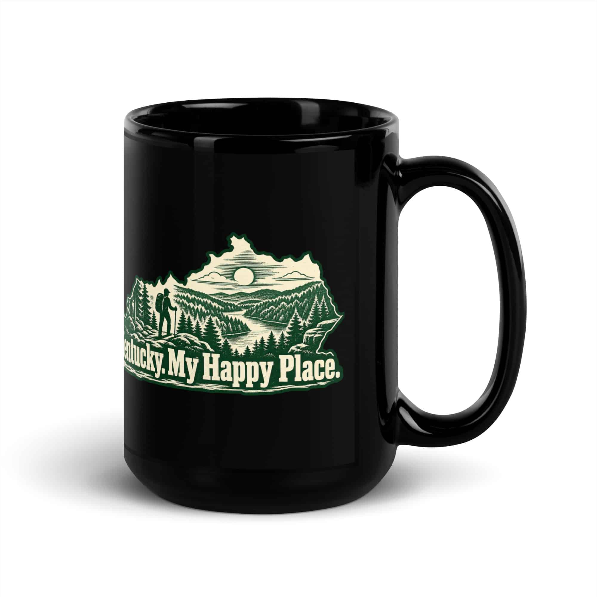 Kentucky Black Coffee Mug: Forest trail and hiking silhouette, Woodcut Kentucky Silhouette