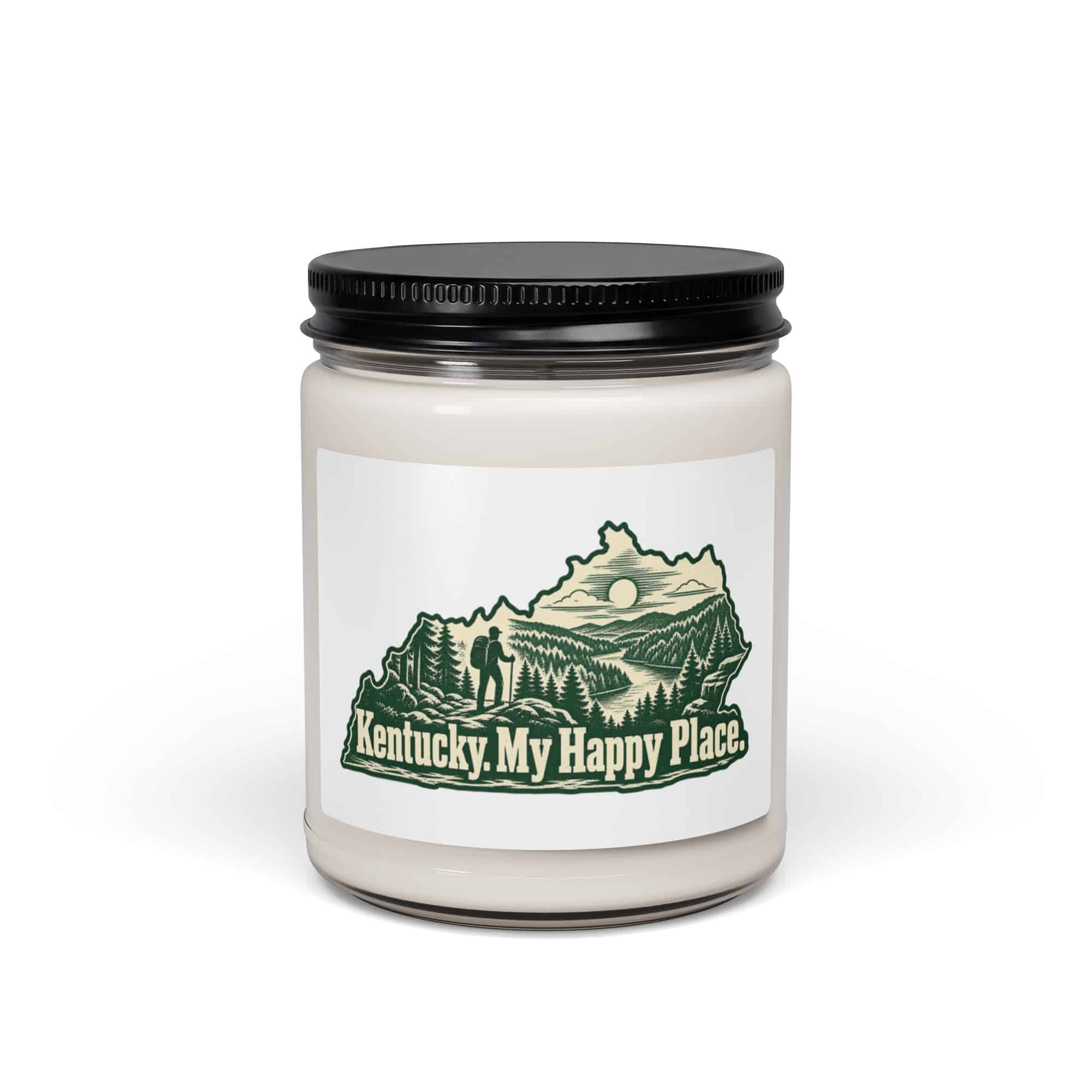 Kentucky Soy Wax Candle: Forest trail and hiking silhouette, Woodcut Kentucky Silhouette