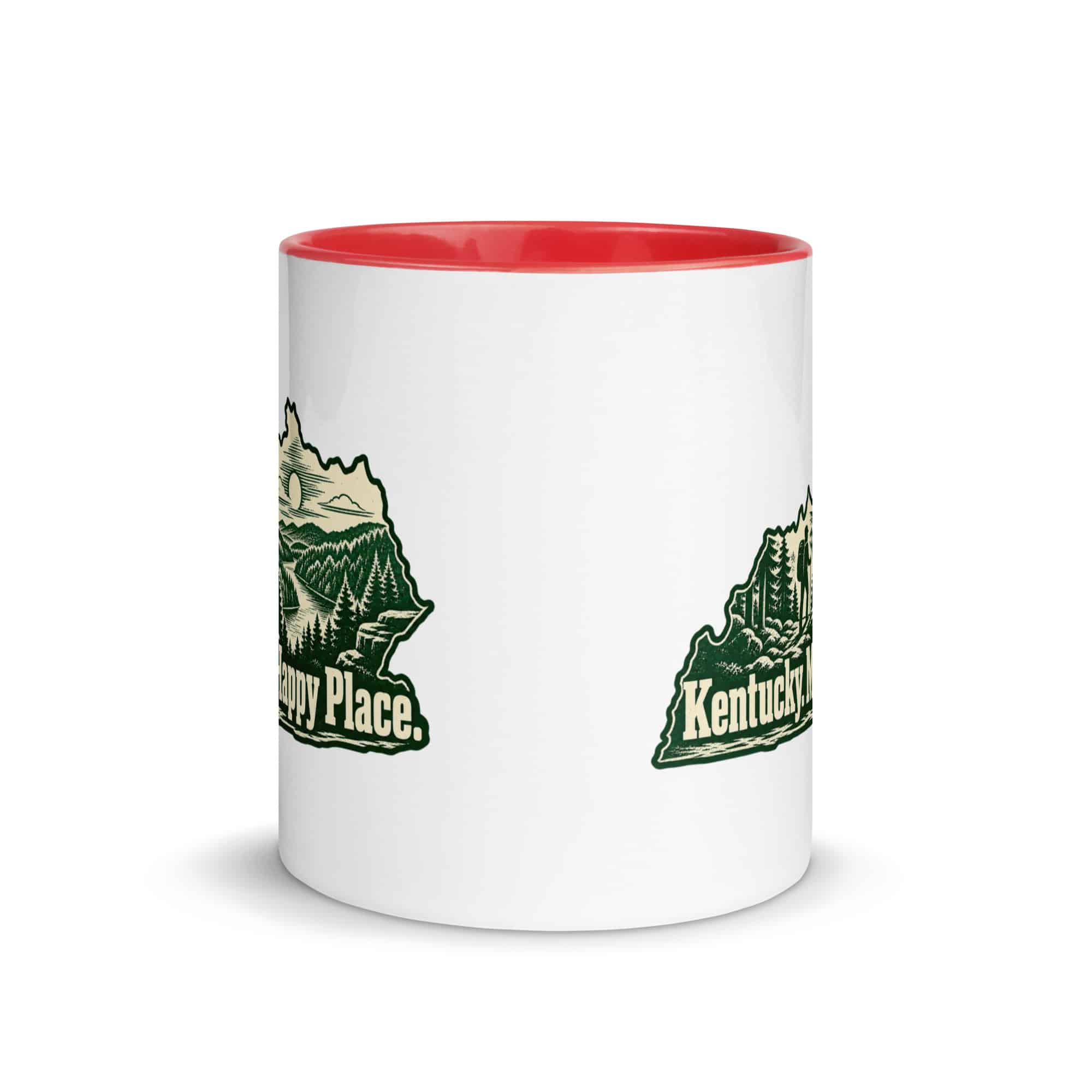 Kentucky Color Inside Coffee Mug: Forest trail and hiking silhouette, Woodcut Kentucky Silhouette