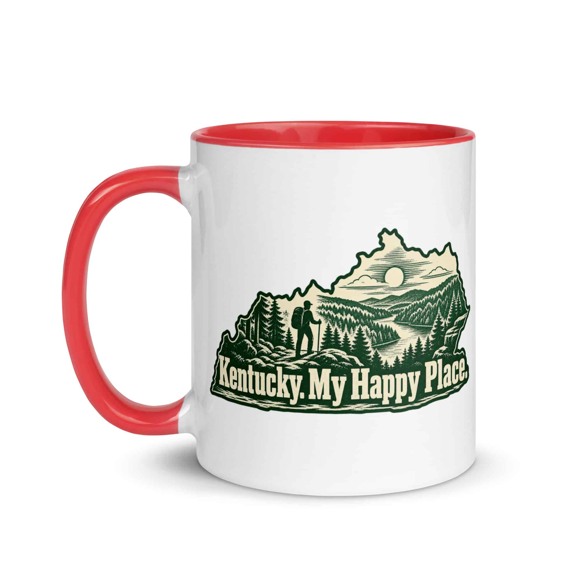 Kentucky Color Inside Coffee Mug: Forest trail and hiking silhouette, Woodcut Kentucky Silhouette