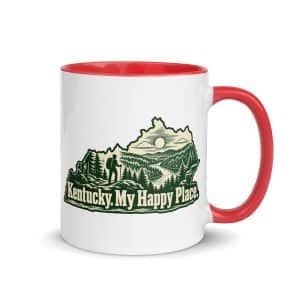 Kentucky Color Inside Coffee Mug: Forest trail and hiking silhouette, Woodcut Kentucky Silhouette - 11 oz - Main