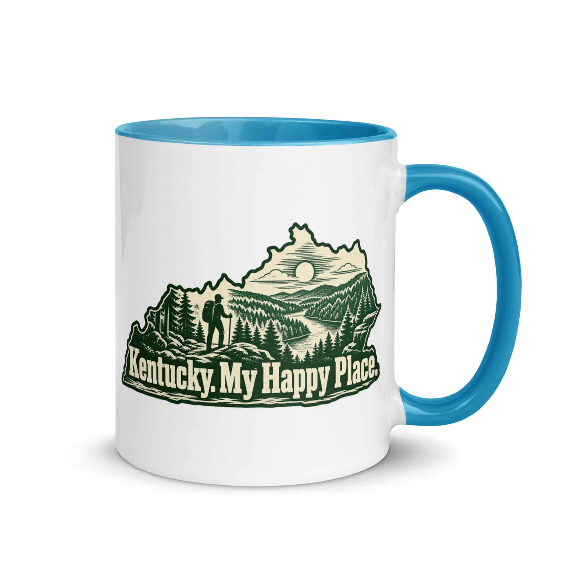 Kentucky Color Inside Coffee Mug: Forest trail and hiking silhouette, Woodcut Kentucky Silhouette