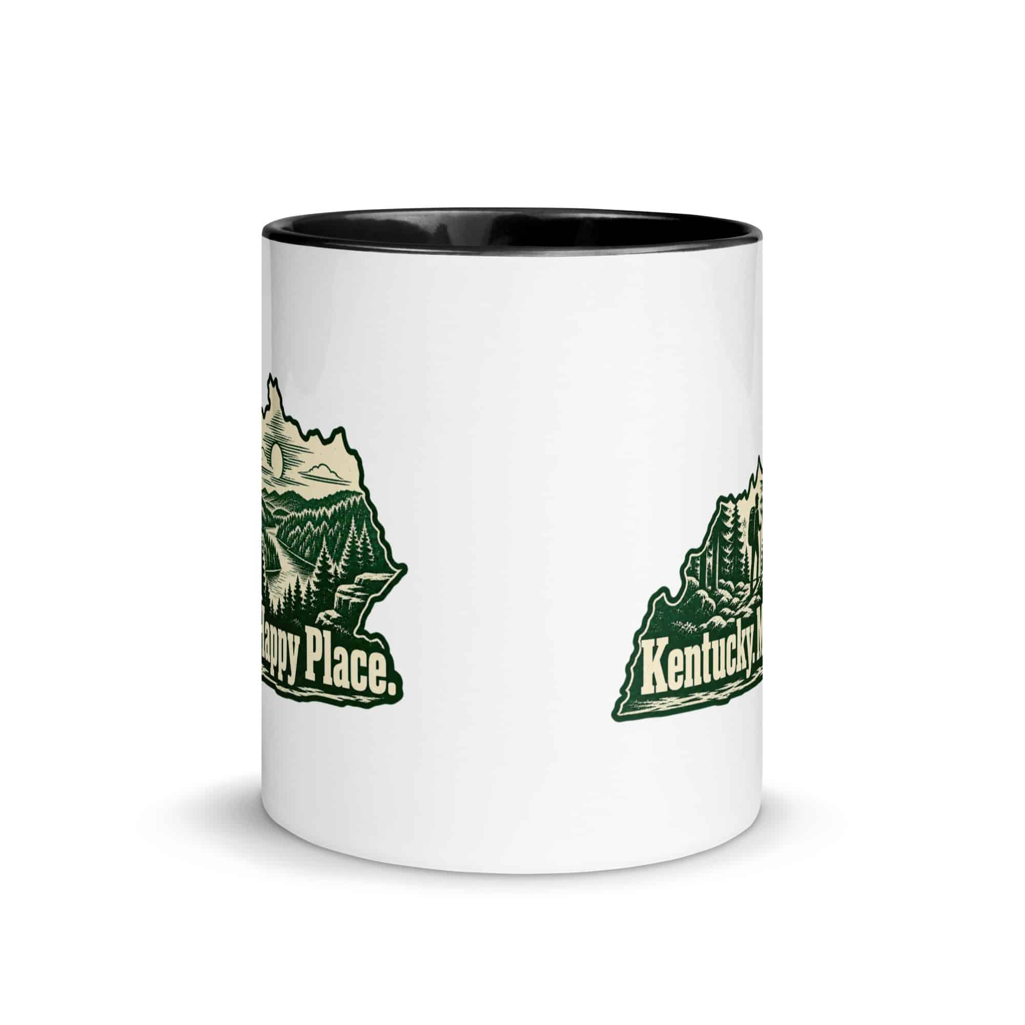 Kentucky Color Inside Coffee Mug: Forest trail and hiking silhouette, Woodcut Kentucky Silhouette