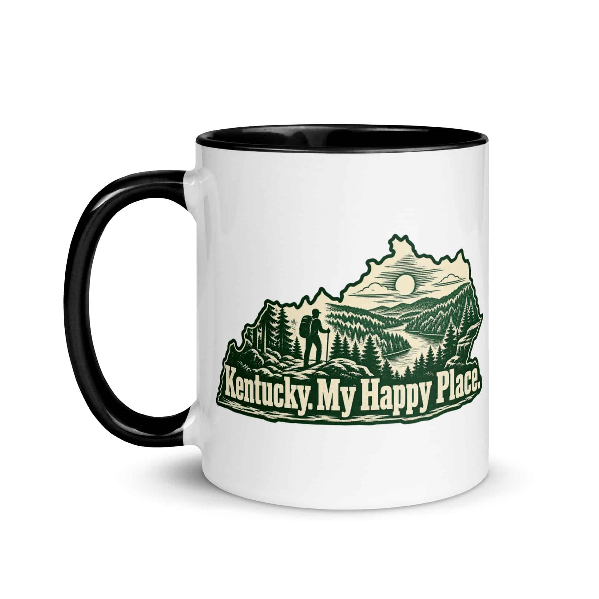 Kentucky Color Inside Coffee Mug: Forest trail and hiking silhouette, Woodcut Kentucky Silhouette