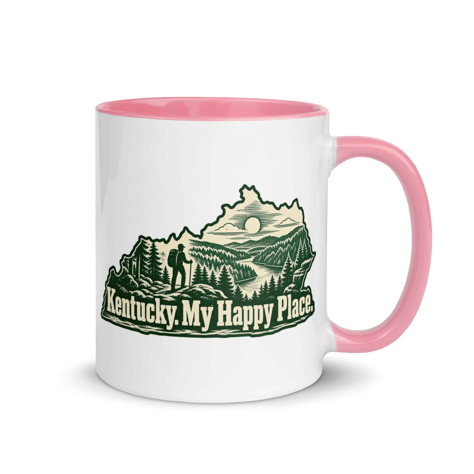 Kentucky Color Inside Coffee Mug: Forest trail and hiking silhouette, Woodcut Kentucky Silhouette