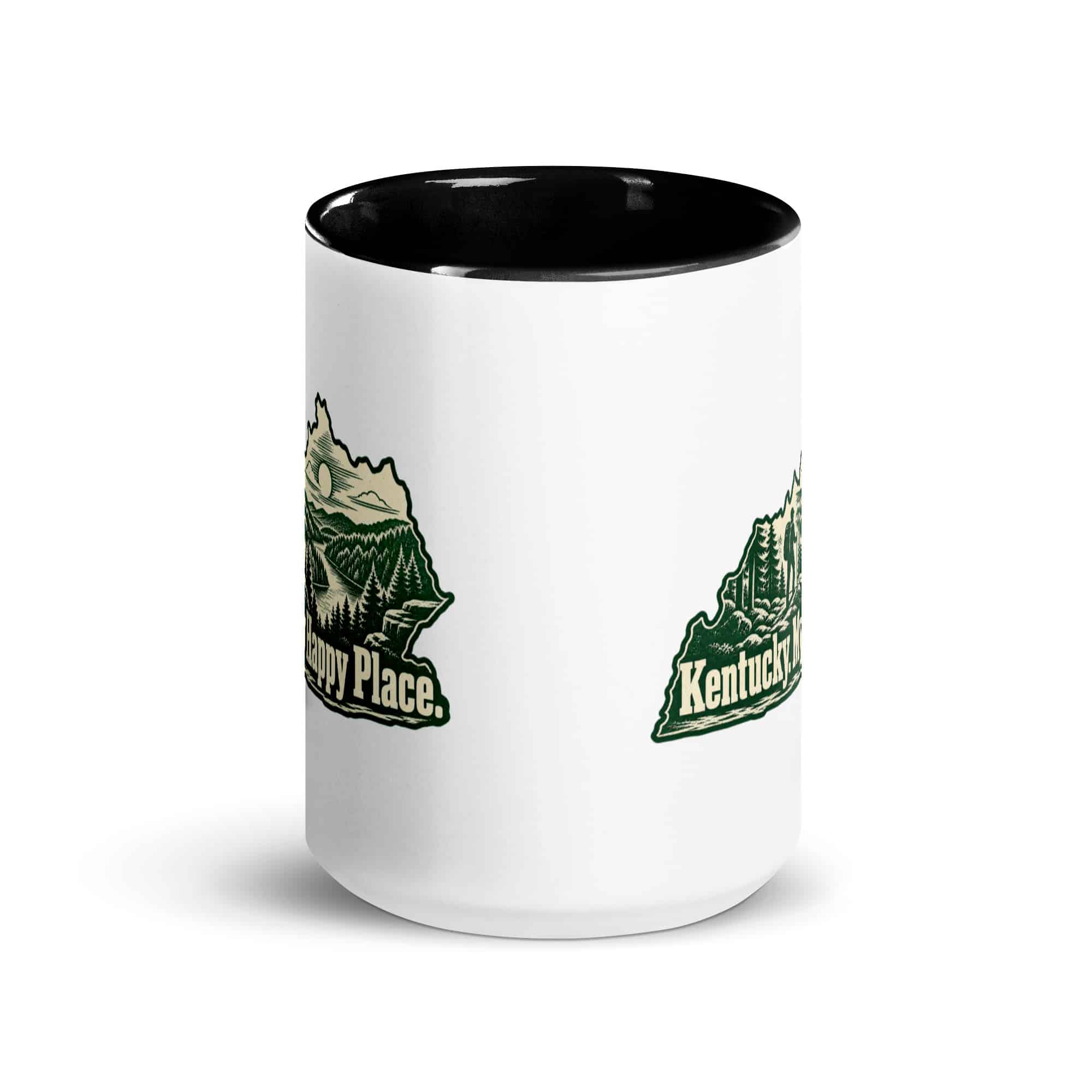 Kentucky Color Inside Coffee Mug: Forest trail and hiking silhouette, Woodcut Kentucky Silhouette