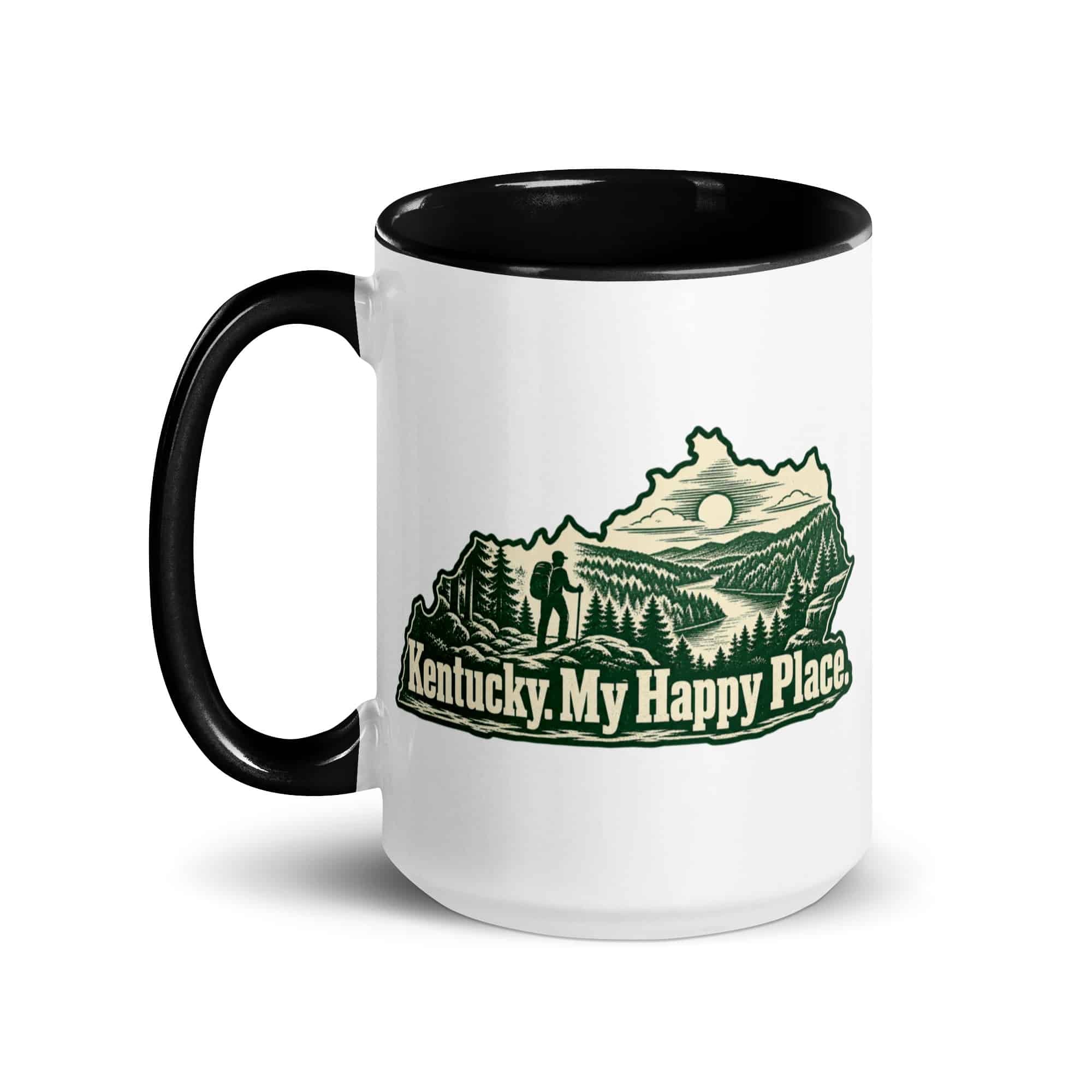 Kentucky Color Inside Coffee Mug: Forest trail and hiking silhouette, Woodcut Kentucky Silhouette