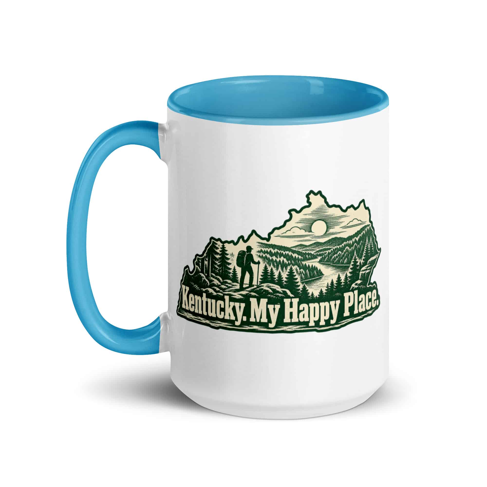 Kentucky Color Inside Coffee Mug: Forest trail and hiking silhouette, Woodcut Kentucky Silhouette