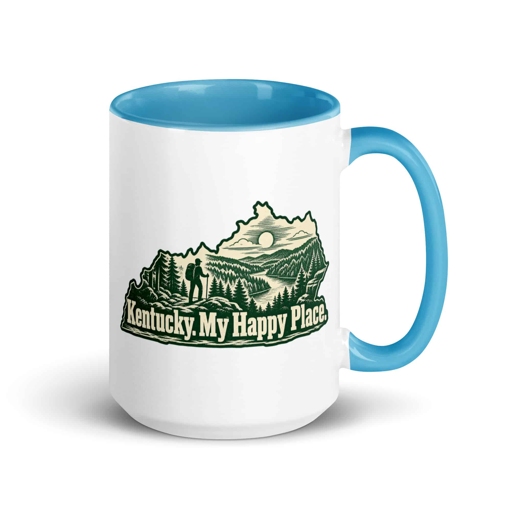 Kentucky Color Inside Coffee Mug: Forest trail and hiking silhouette, Woodcut Kentucky Silhouette