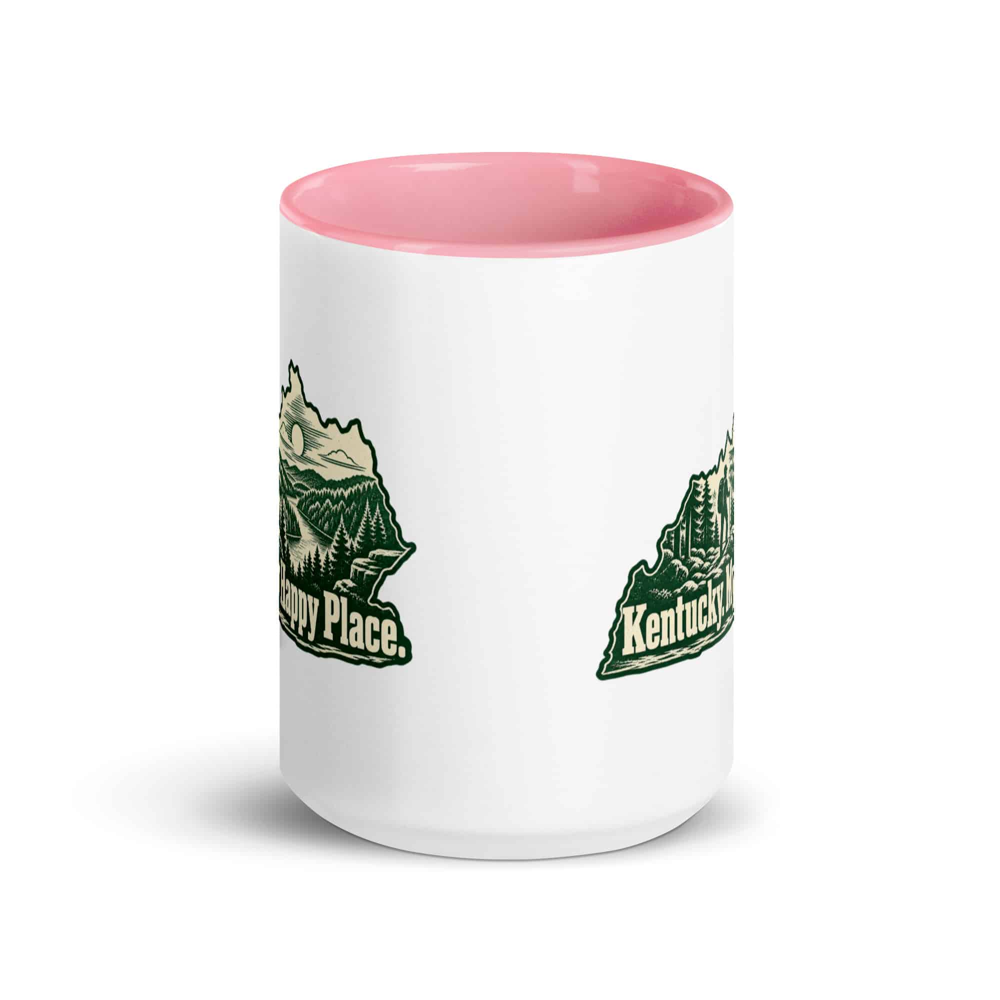 Kentucky Color Inside Coffee Mug: Forest trail and hiking silhouette, Woodcut Kentucky Silhouette
