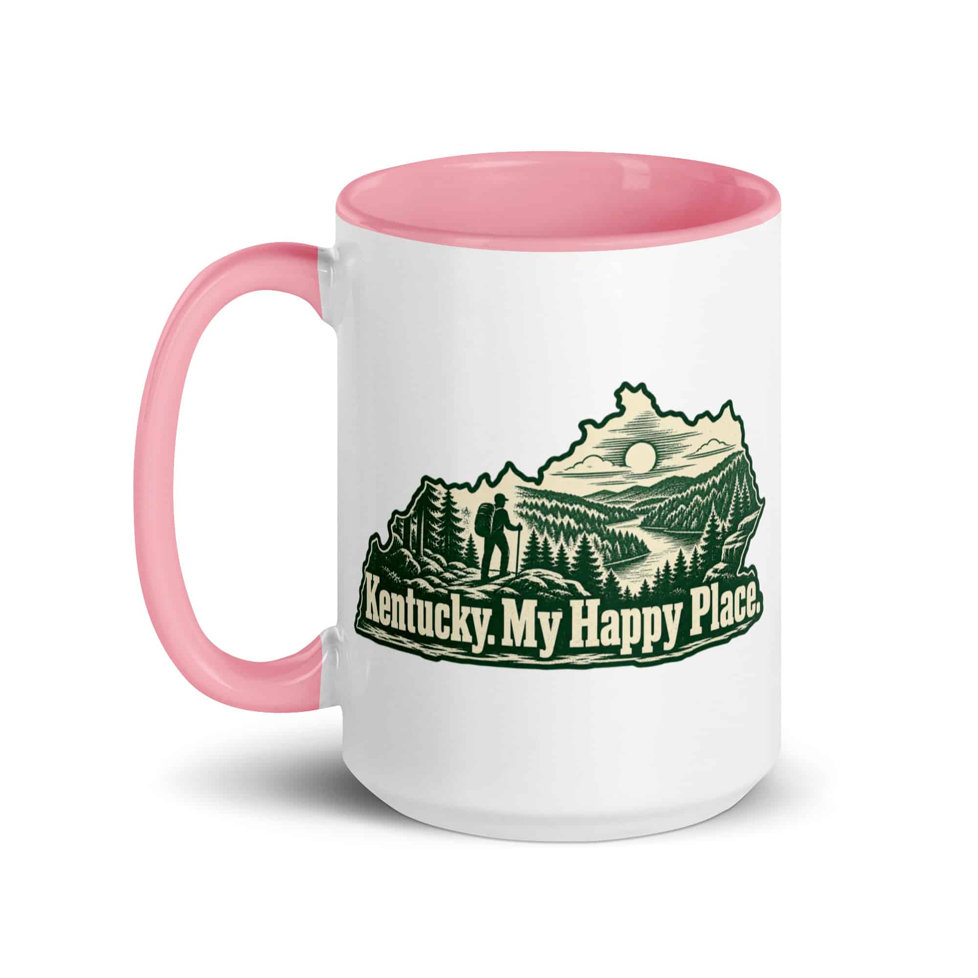 Kentucky Color Inside Coffee Mug: Forest trail and hiking silhouette, Woodcut Kentucky Silhouette
