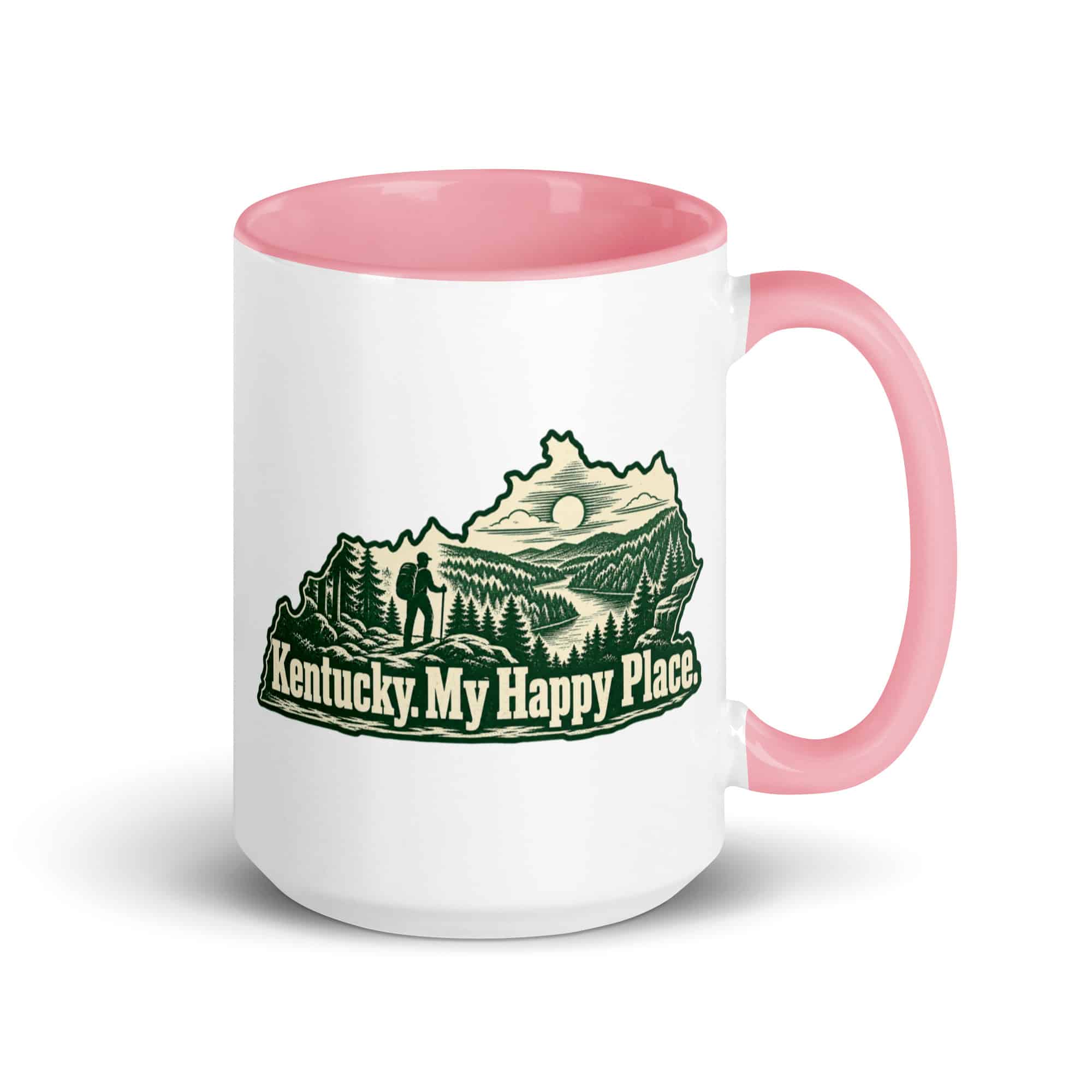 Kentucky Color Inside Coffee Mug: Forest trail and hiking silhouette, Woodcut Kentucky Silhouette