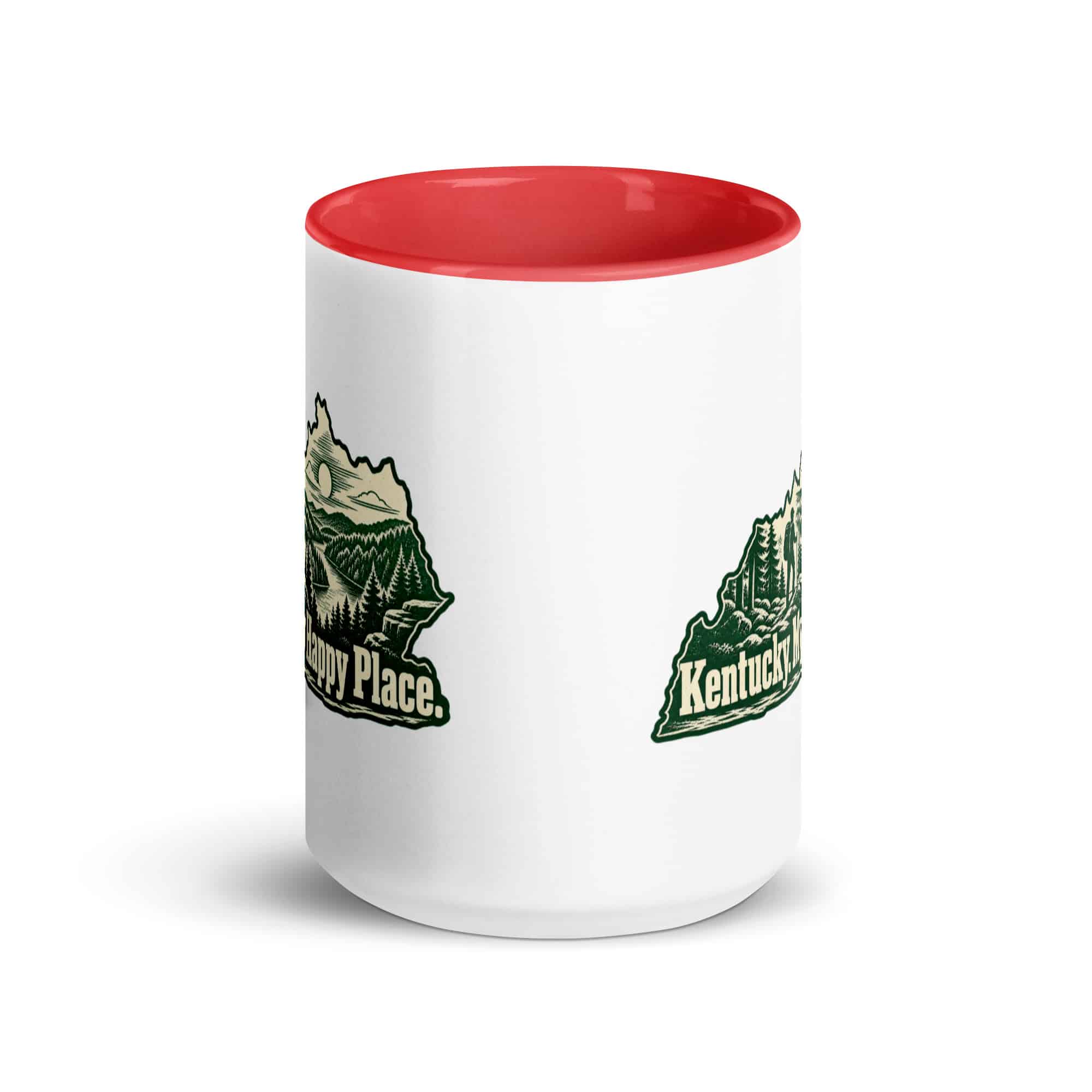 Kentucky Color Inside Coffee Mug: Forest trail and hiking silhouette, Woodcut Kentucky Silhouette