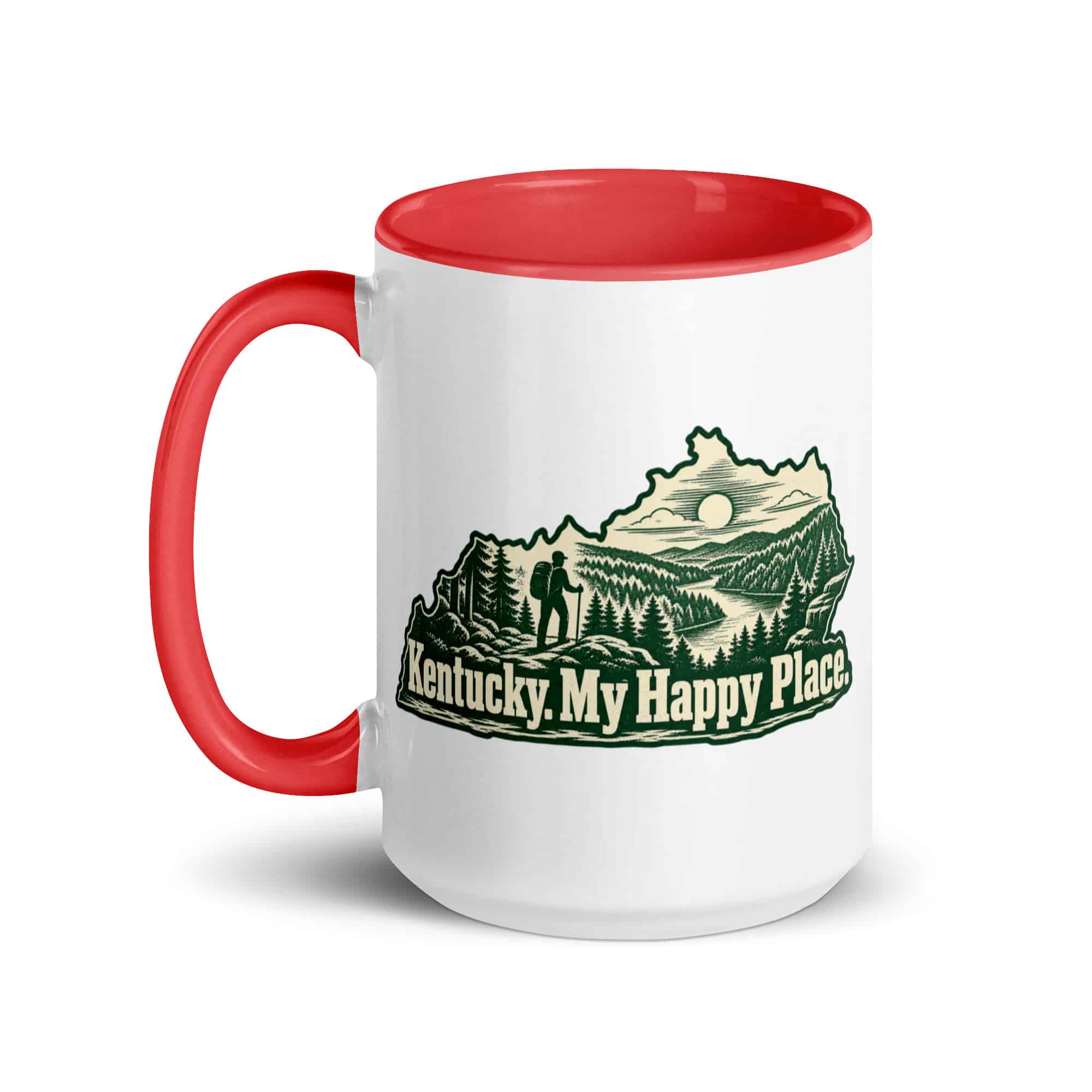 Kentucky Color Inside Coffee Mug: Forest trail and hiking silhouette, Woodcut Kentucky Silhouette