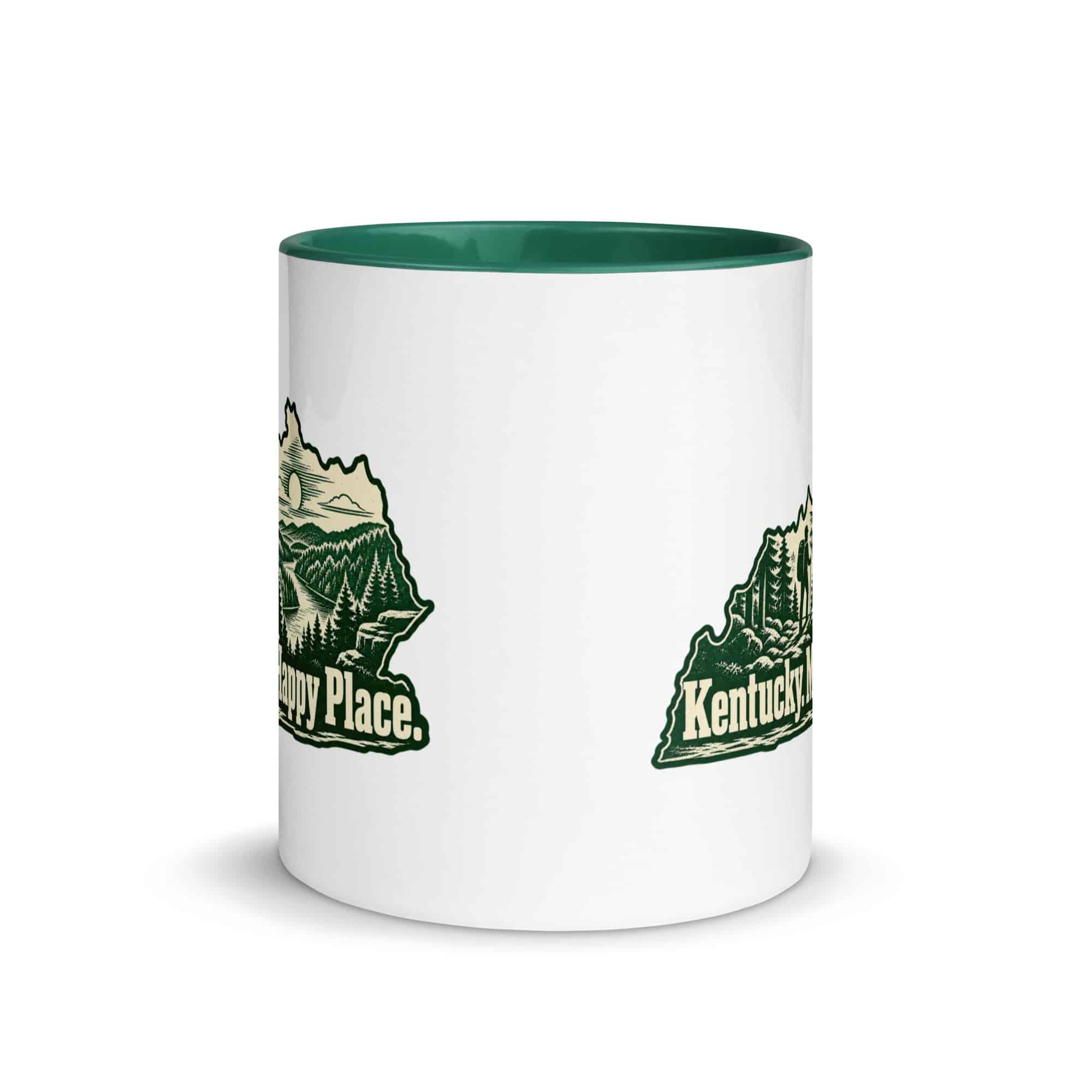 Kentucky Color Inside Coffee Mug: Forest trail and hiking silhouette, Woodcut Kentucky Silhouette