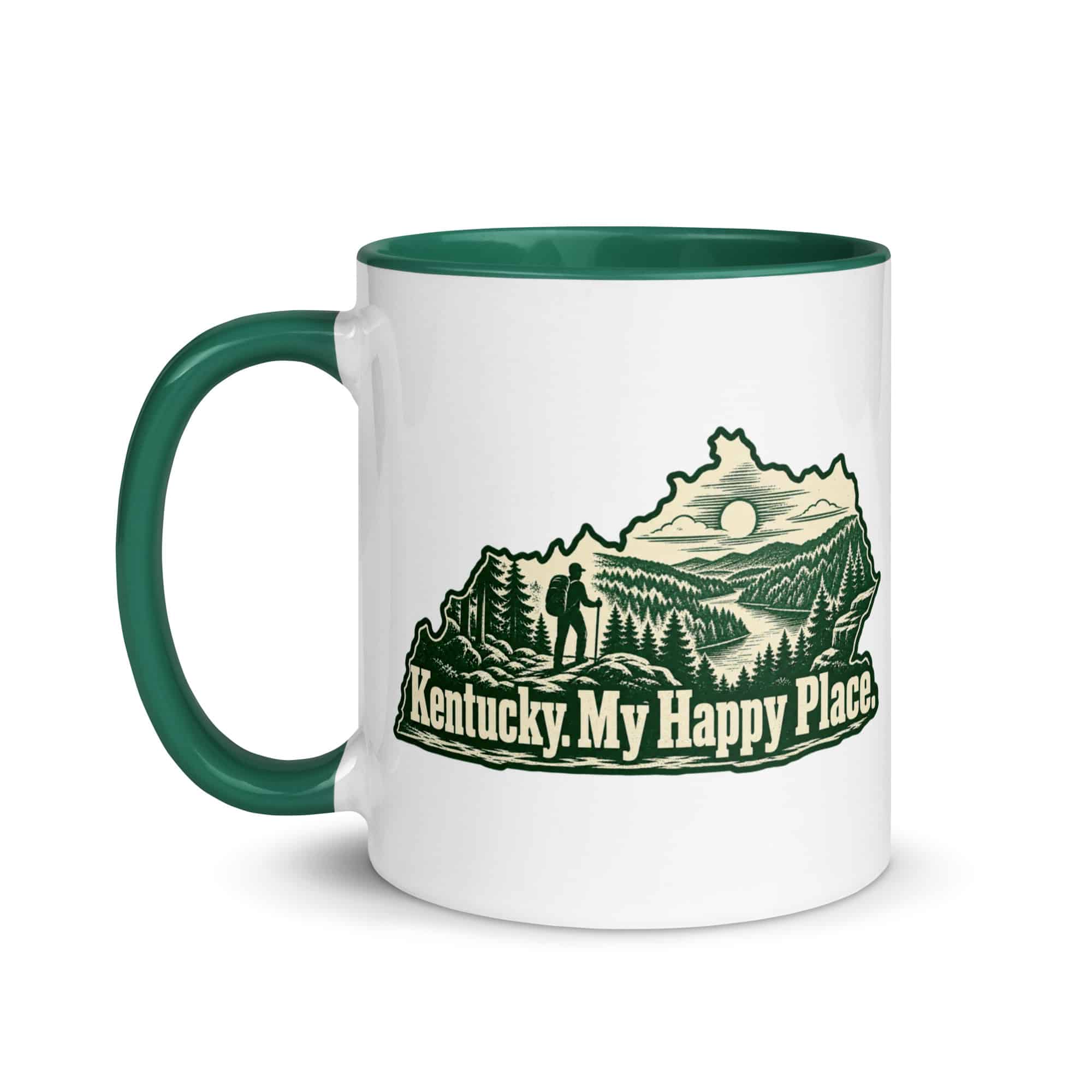Kentucky Color Inside Coffee Mug: Forest trail and hiking silhouette, Woodcut Kentucky Silhouette