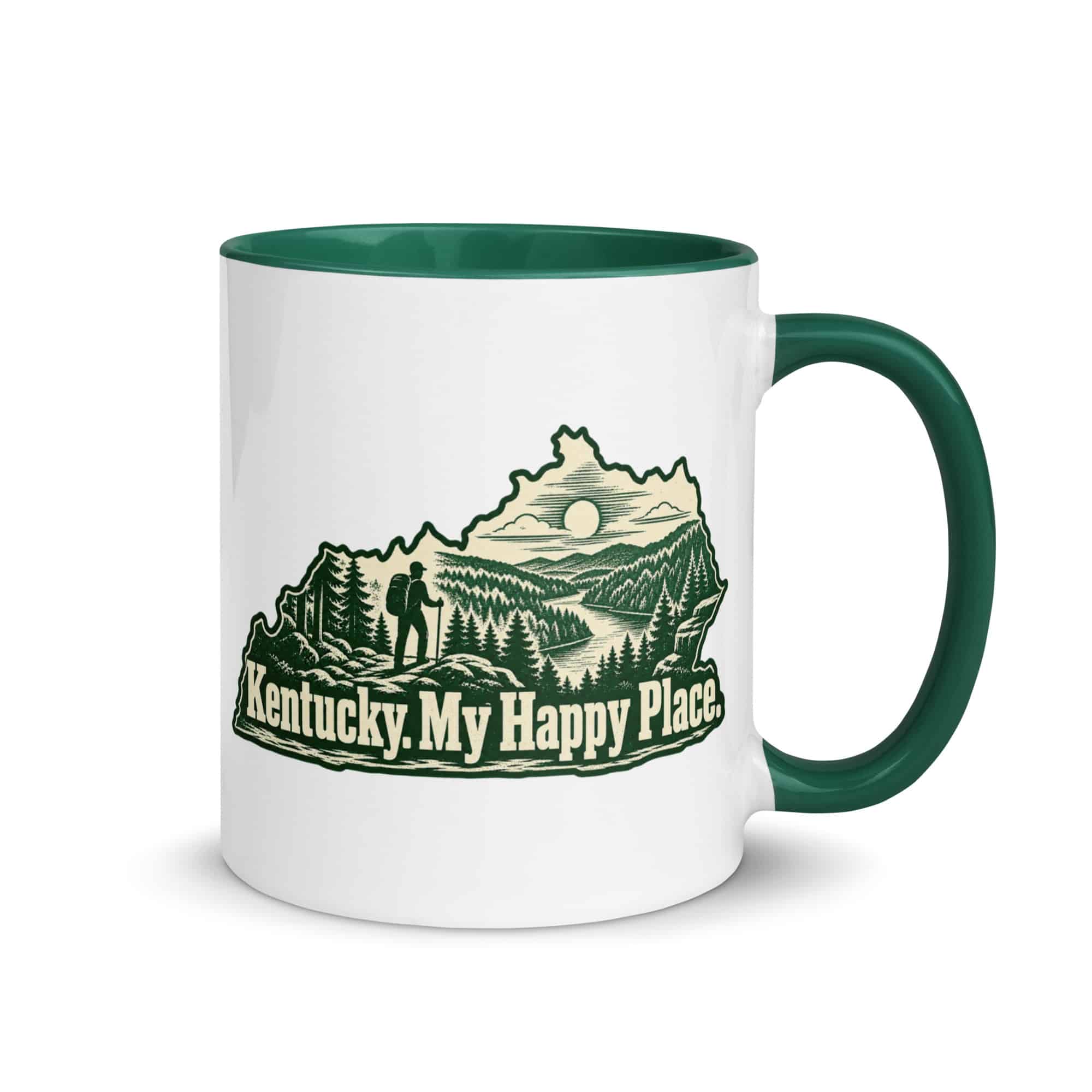 Kentucky Color Inside Coffee Mug: Forest trail and hiking silhouette, Woodcut Kentucky Silhouette
