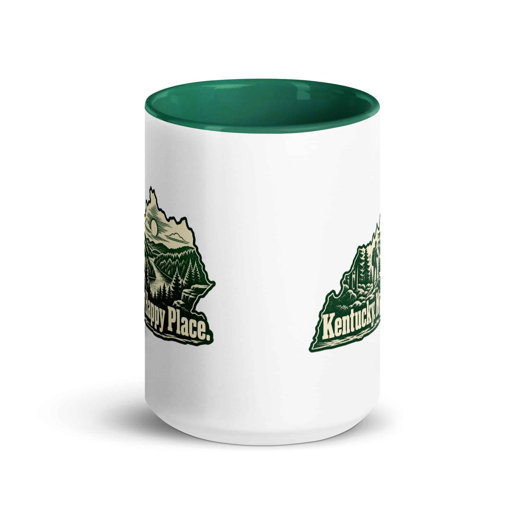 Kentucky Color Inside Coffee Mug: Forest trail and hiking silhouette, Woodcut Kentucky Silhouette