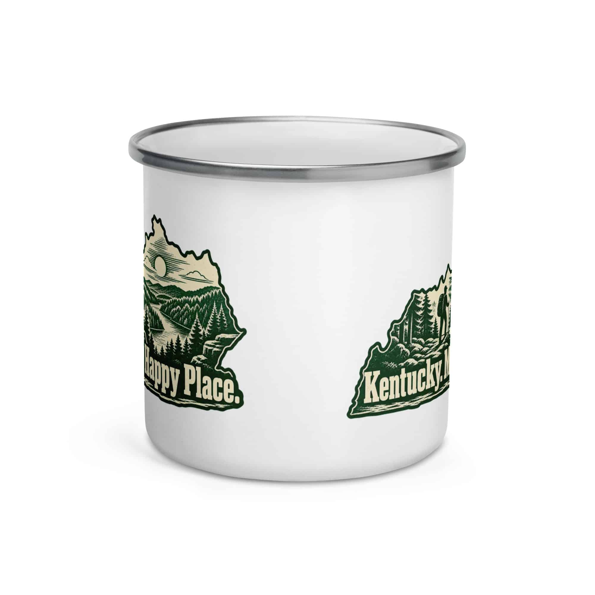 Kentucky Enamel Camp Mug: Forest trail and hiking silhouette, Woodcut Kentucky Silhouette