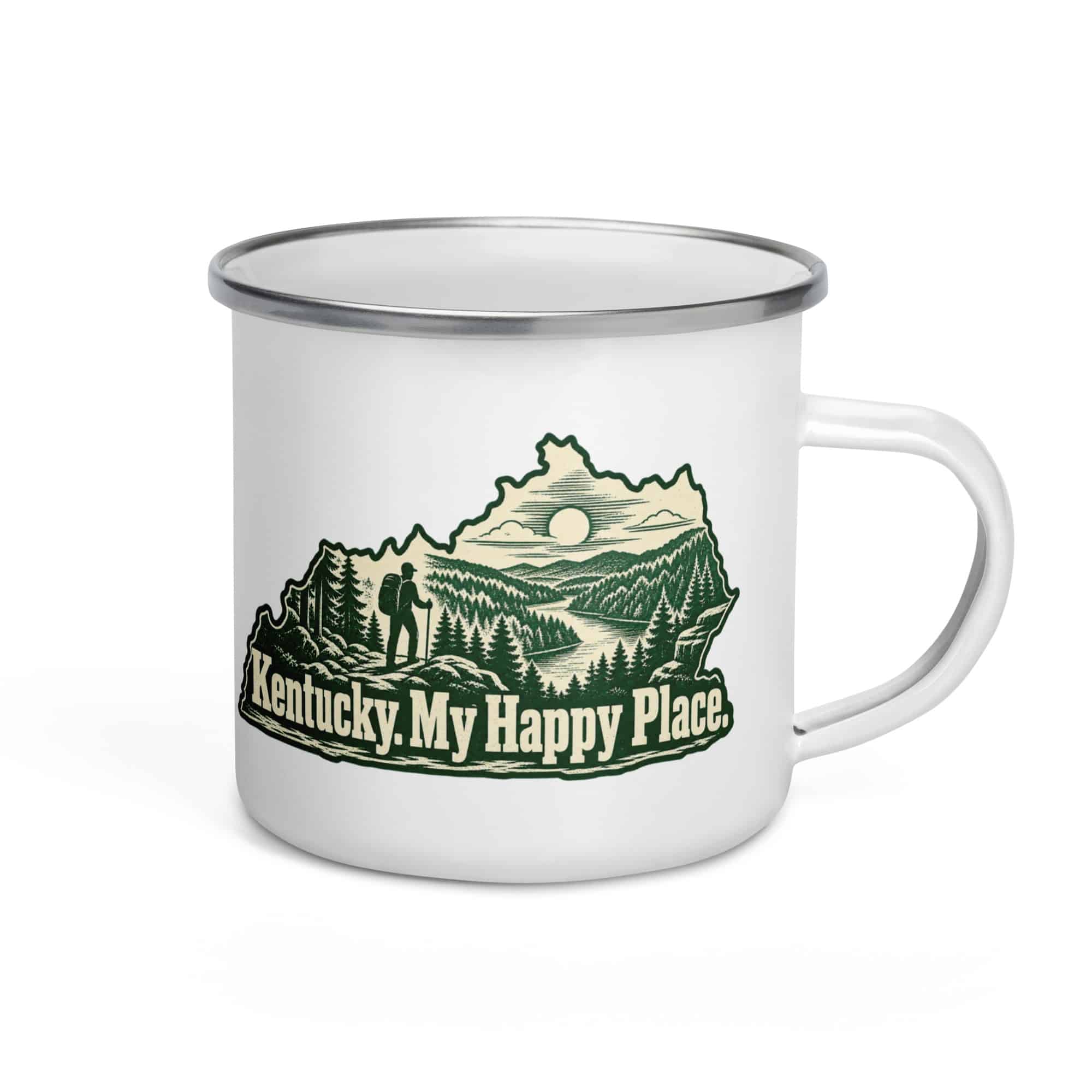 Kentucky Enamel Camp Mug: Forest trail and hiking silhouette, Woodcut Kentucky Silhouette
