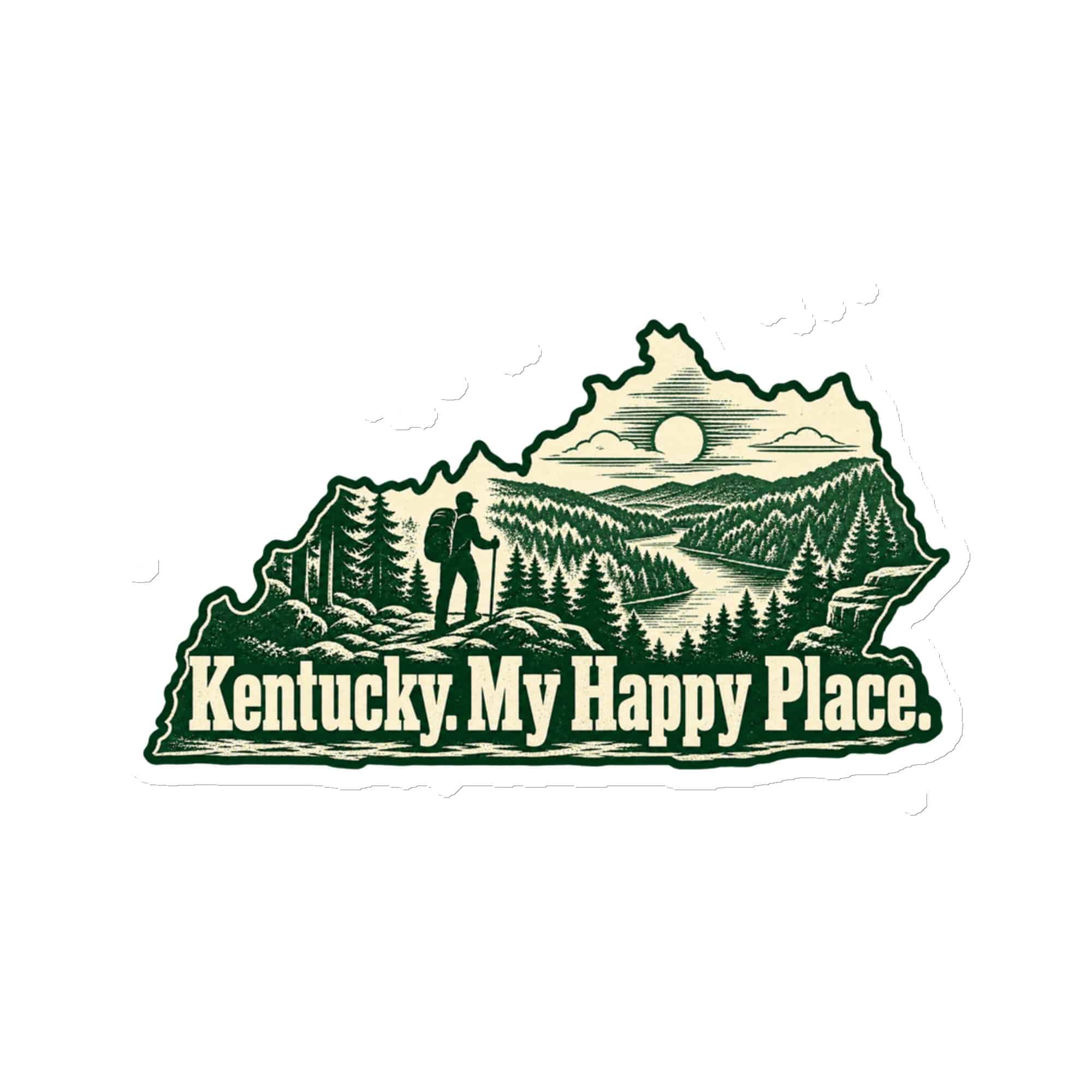 Kentucky Die-Cut Magnet: Forest trail and hiking silhouette, Woodcut Kentucky Silhouette