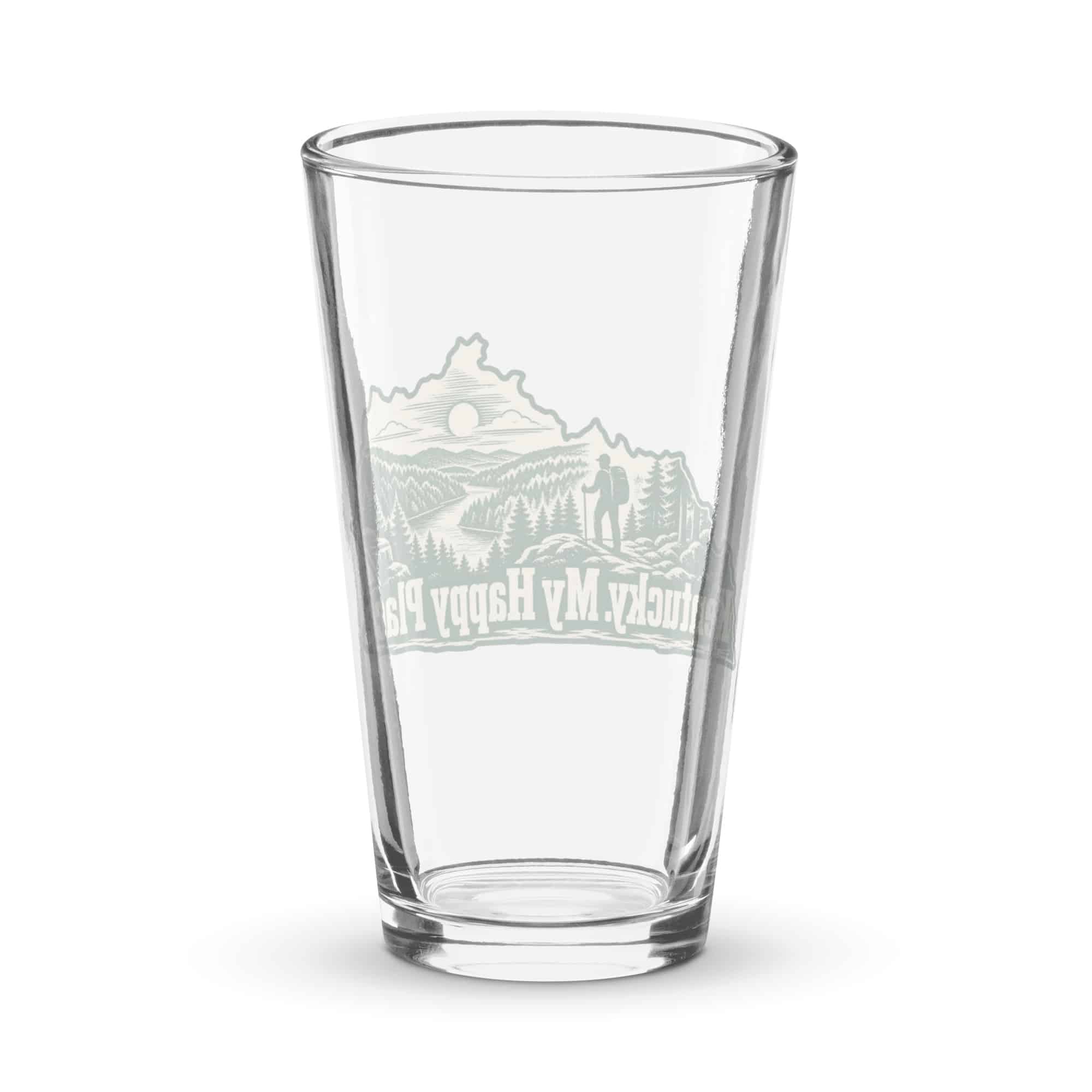Kentucky Pint Glass: Forest trail and hiking silhouette, Woodcut Kentucky Silhouette