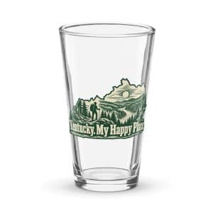 Kentucky Pint Glass: Forest trail and hiking silhouette, Woodcut Kentucky Silhouette - 16 oz - Main