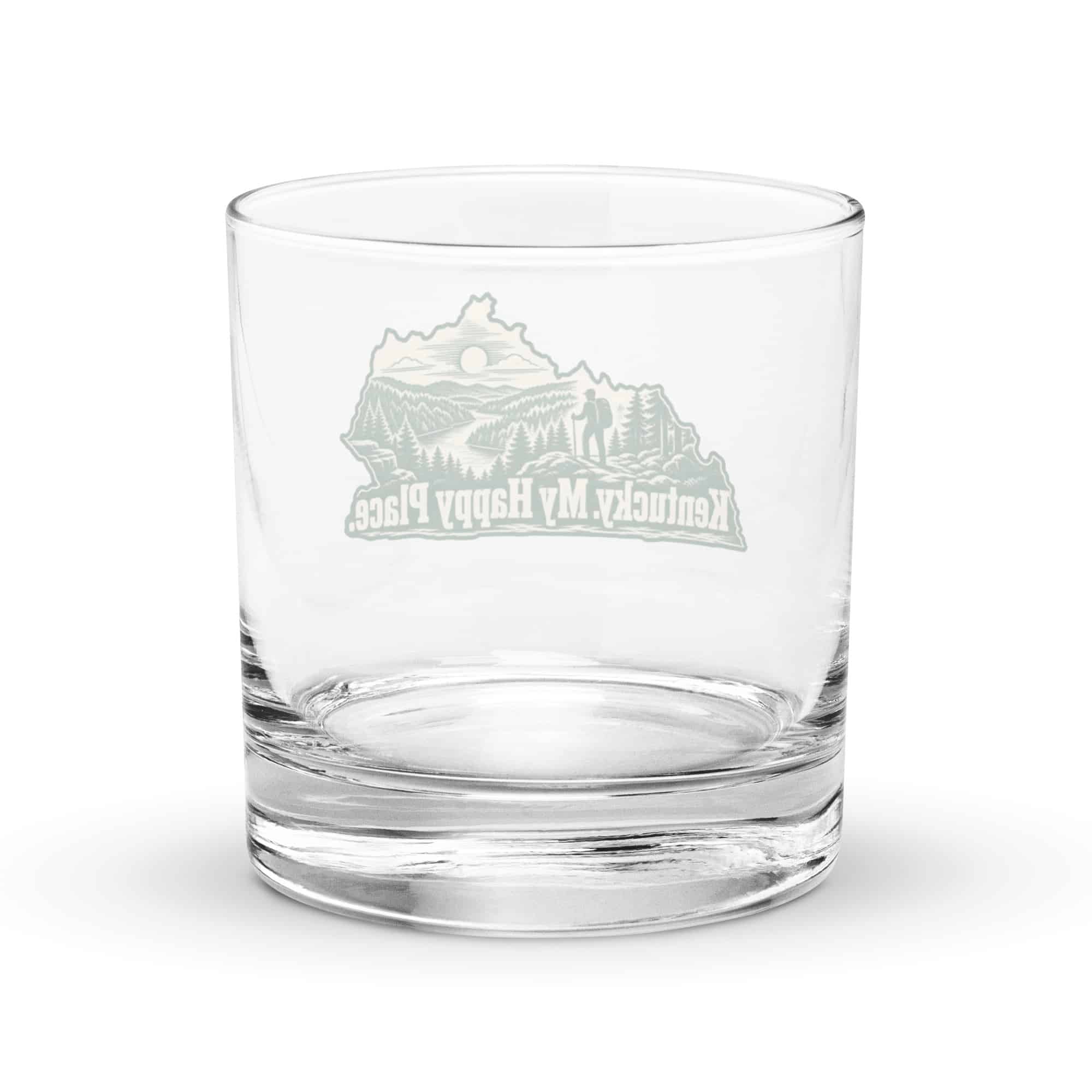 Kentucky Rocks Glass: Forest trail and hiking silhouette, Woodcut Kentucky Silhouette