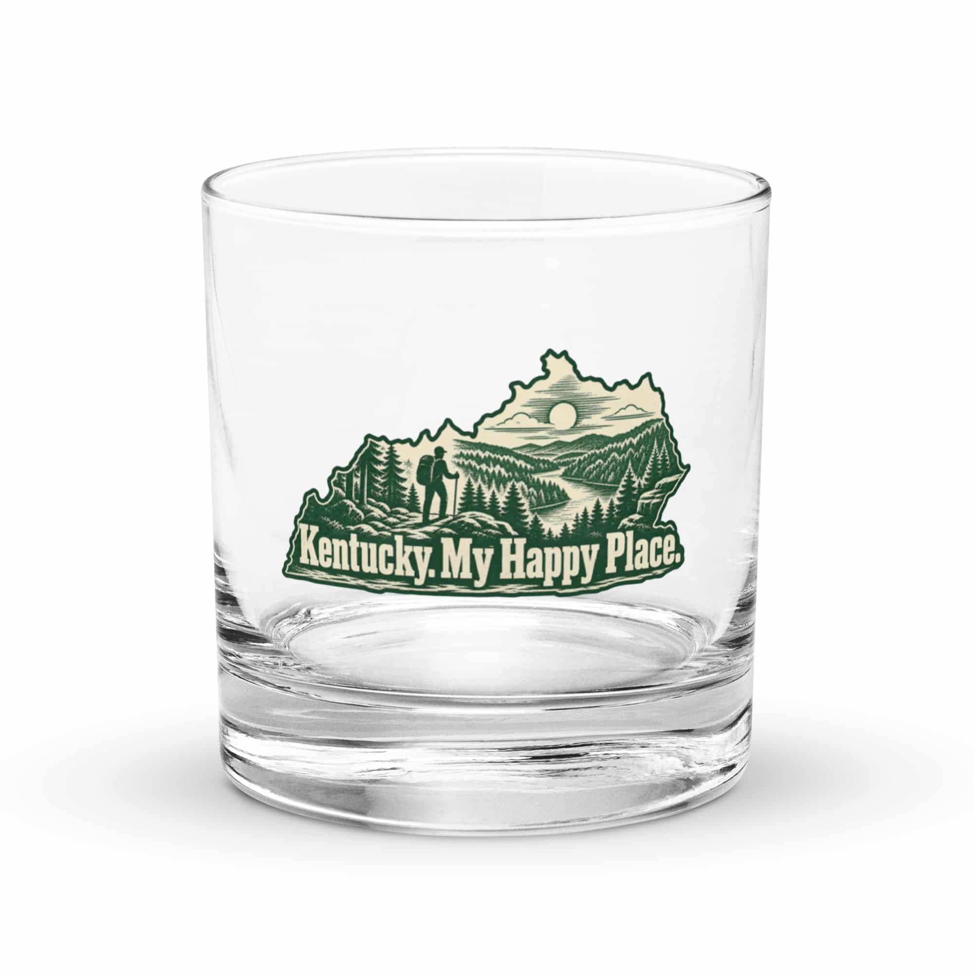 Kentucky Rocks Glass: Forest trail and hiking silhouette, Woodcut Kentucky Silhouette