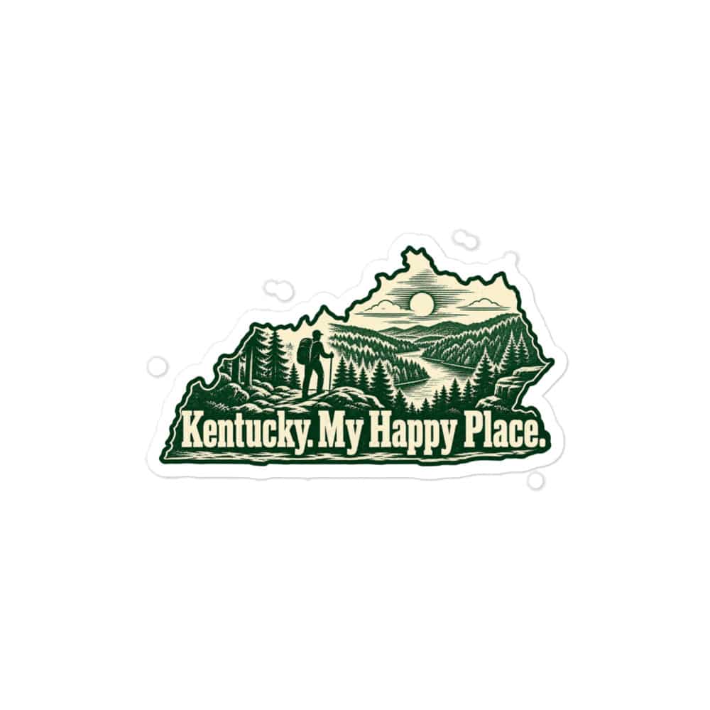 Kentucky Vinyl Sticker: Forest trail and hiking silhouette, Woodcut Kentucky Silhouette