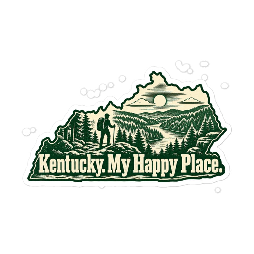 Kentucky Vinyl Sticker: Forest trail and hiking silhouette, Woodcut Kentucky Silhouette