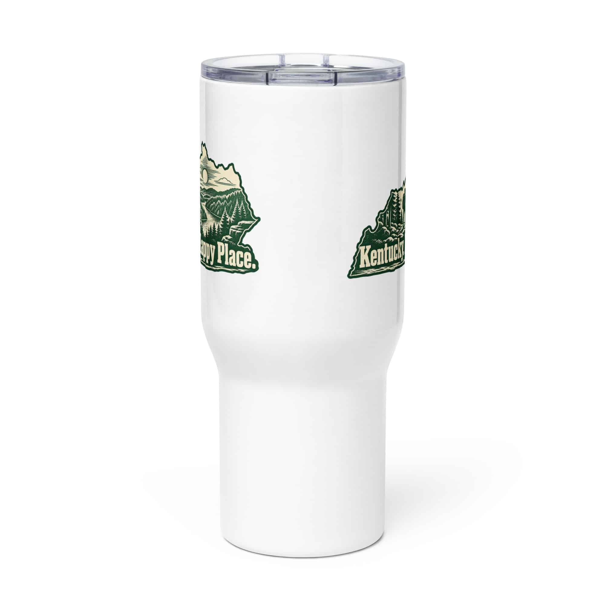 Kentucky Travel Mug: Forest trail and hiking silhouette, Woodcut Kentucky Silhouette