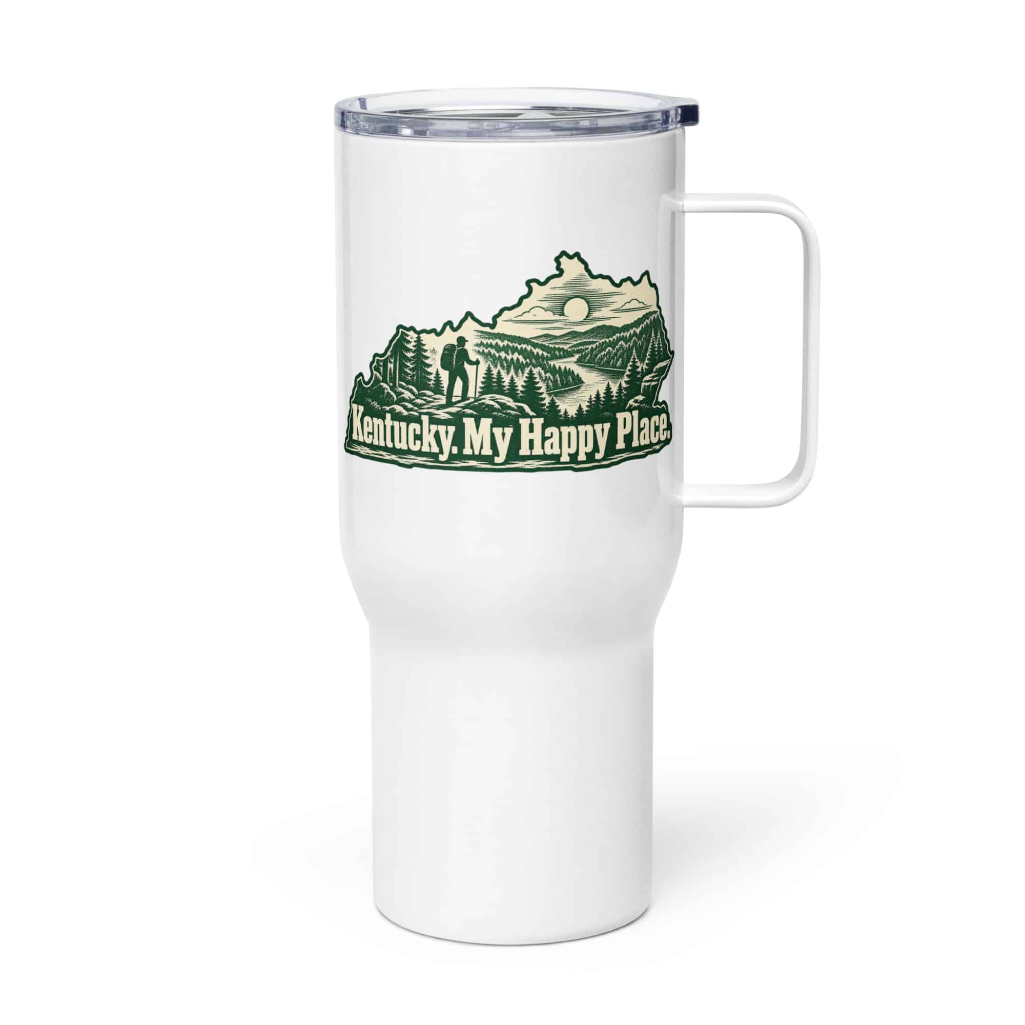 Kentucky Travel Mug: Forest trail and hiking silhouette, Woodcut Kentucky Silhouette