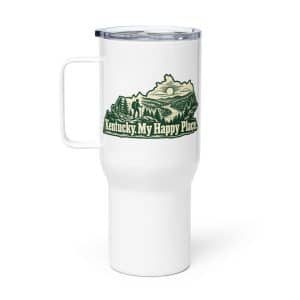 Kentucky Travel Mug: Forest trail and hiking silhouette, Woodcut Kentucky Silhouette - 25 oz - Main