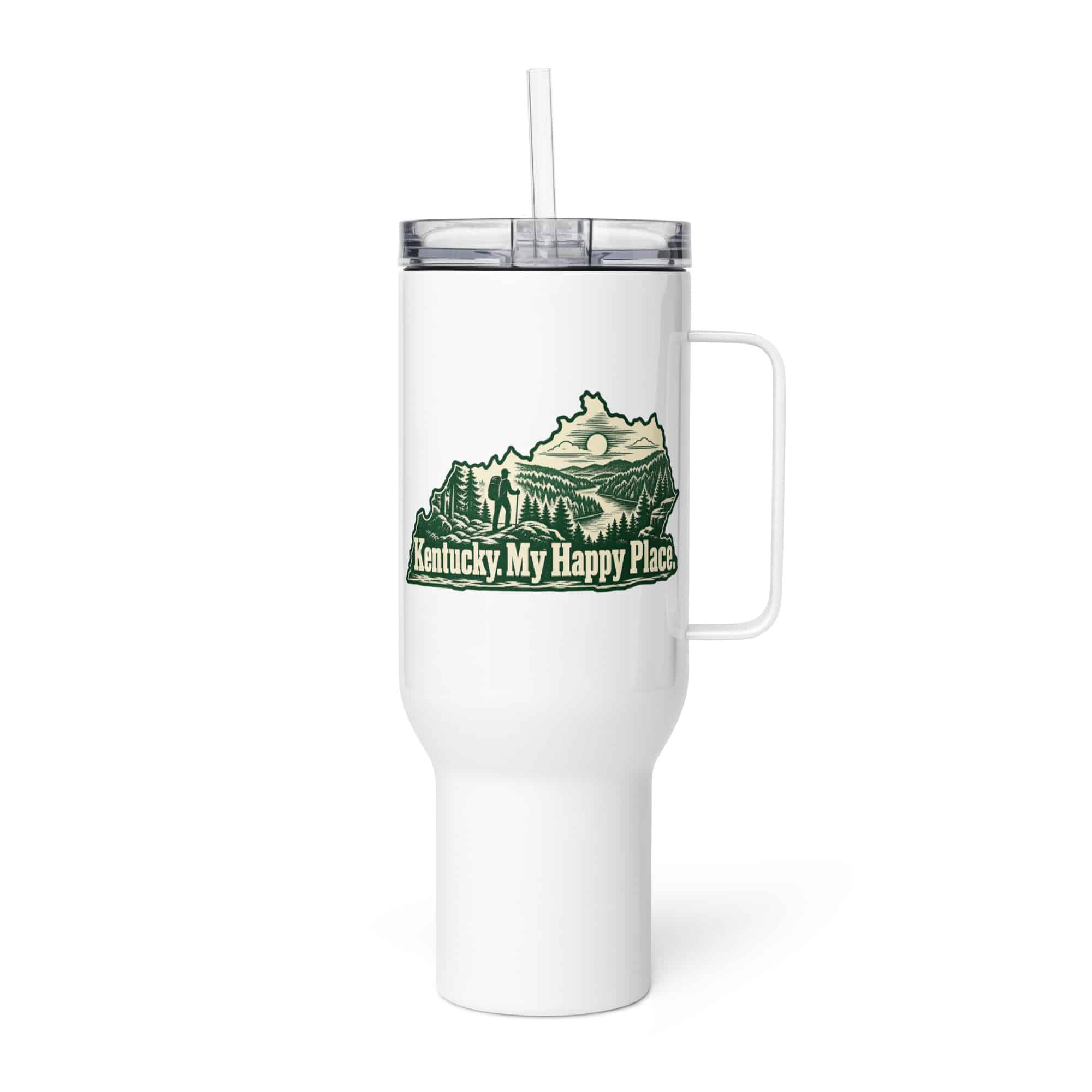 Kentucky Travel Mug: Forest trail and hiking silhouette, Woodcut Kentucky Silhouette