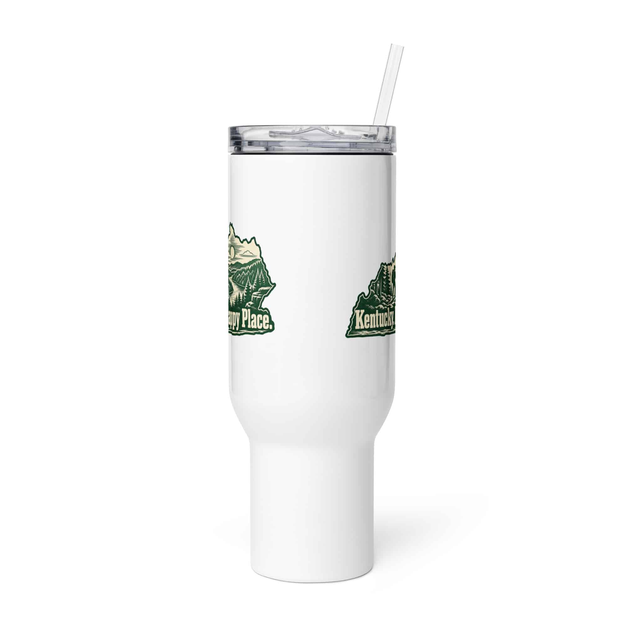 Kentucky Travel Mug: Forest trail and hiking silhouette, Woodcut Kentucky Silhouette