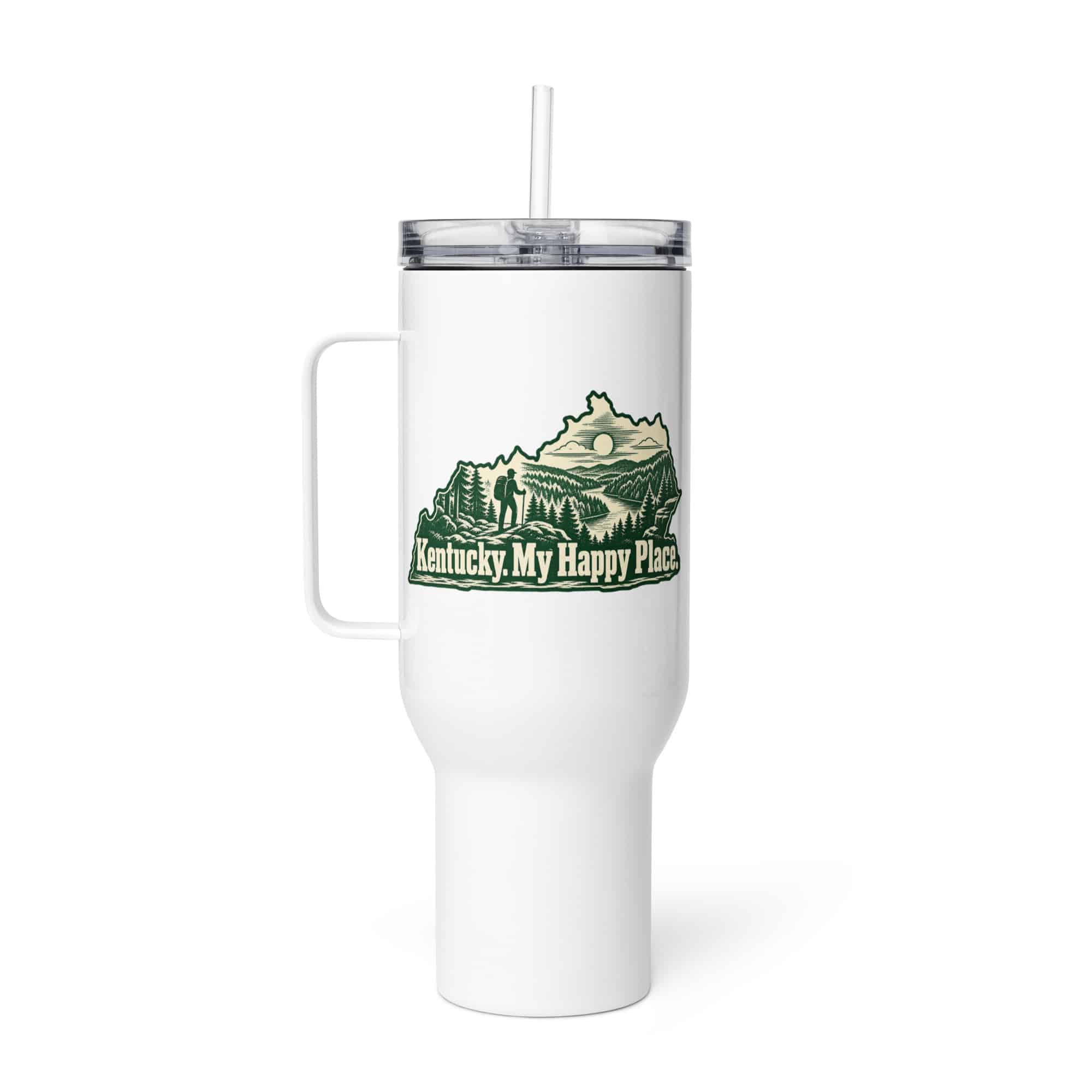 Kentucky Travel Mug: Forest trail and hiking silhouette, Woodcut Kentucky Silhouette