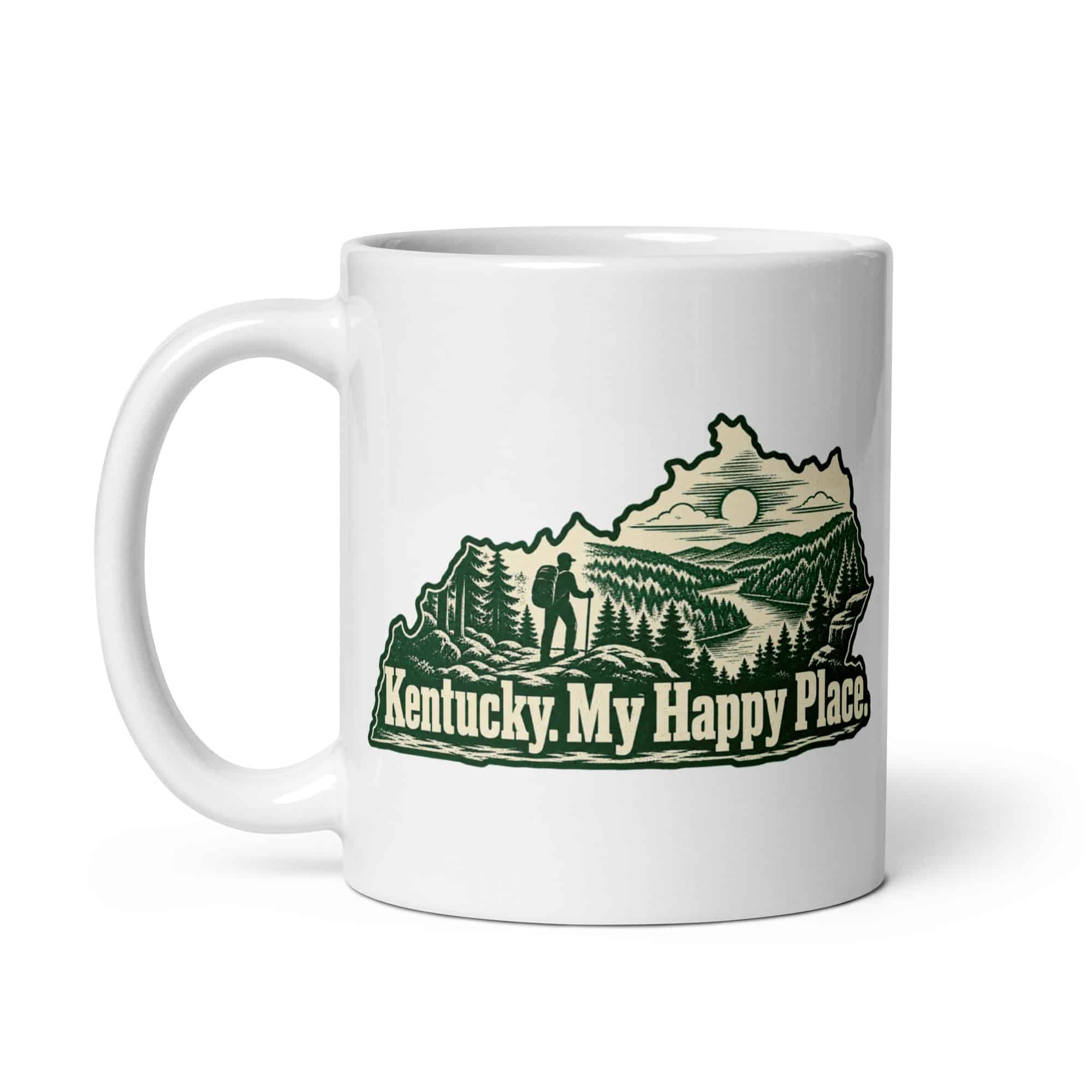 Kentucky White Ceramic Coffee Mug: Forest trail and hiking silhouette, Woodcut Kentucky Silhouette