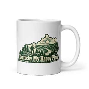 Kentucky White Ceramic Coffee Mug: Forest trail and hiking silhouette, Woodcut Kentucky Silhouette - 11 oz - Main
